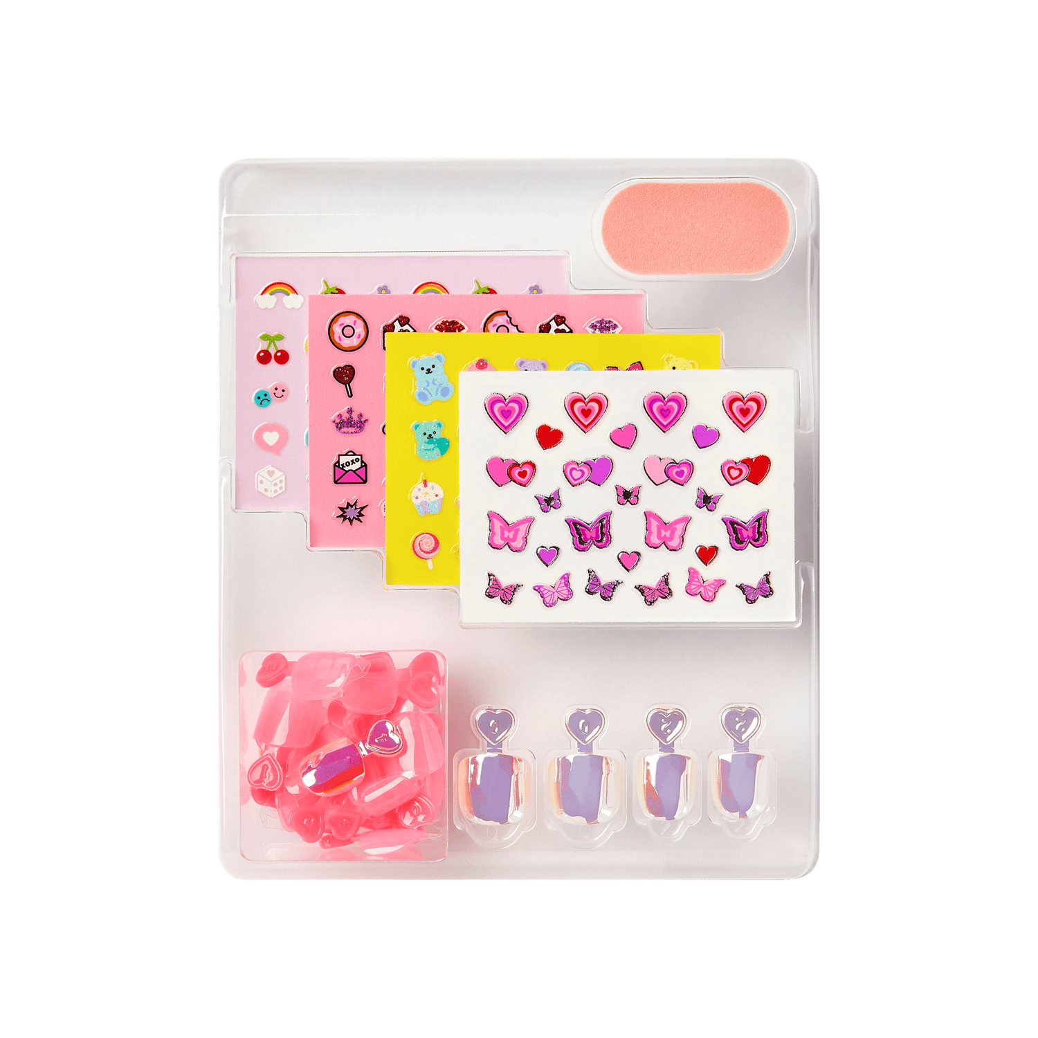 Sticker collection kit with hearts, butterflies, and nail polish designs in pink and purple.