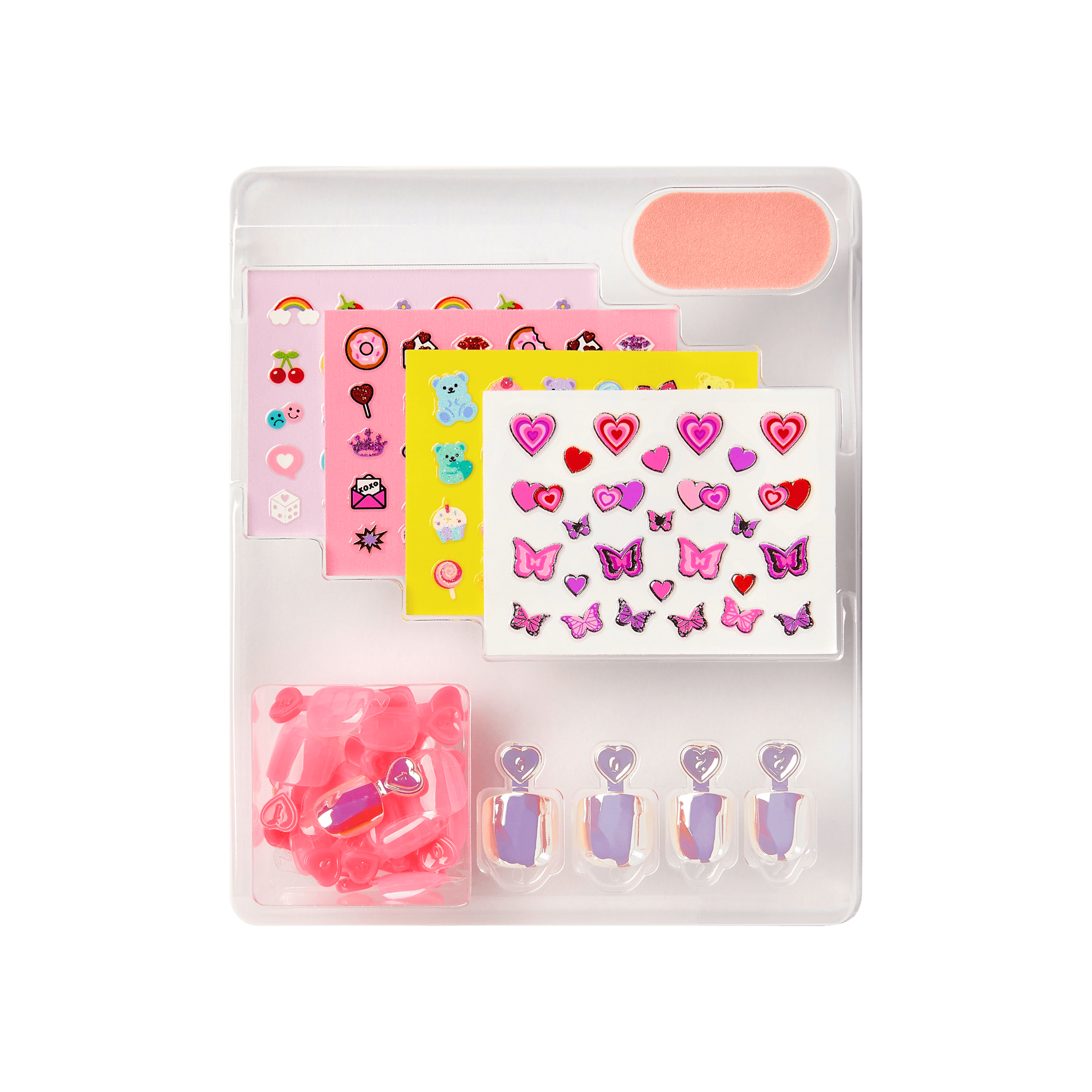 Sticker collection kit with hearts, butterflies, and nail polish designs in pink and purple.