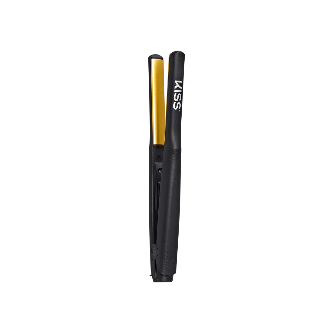 Slim black flat iron with gold-colored ceramic plates, showing the \