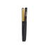 Slim black flat iron with gold-colored ceramic plates, showing the \
