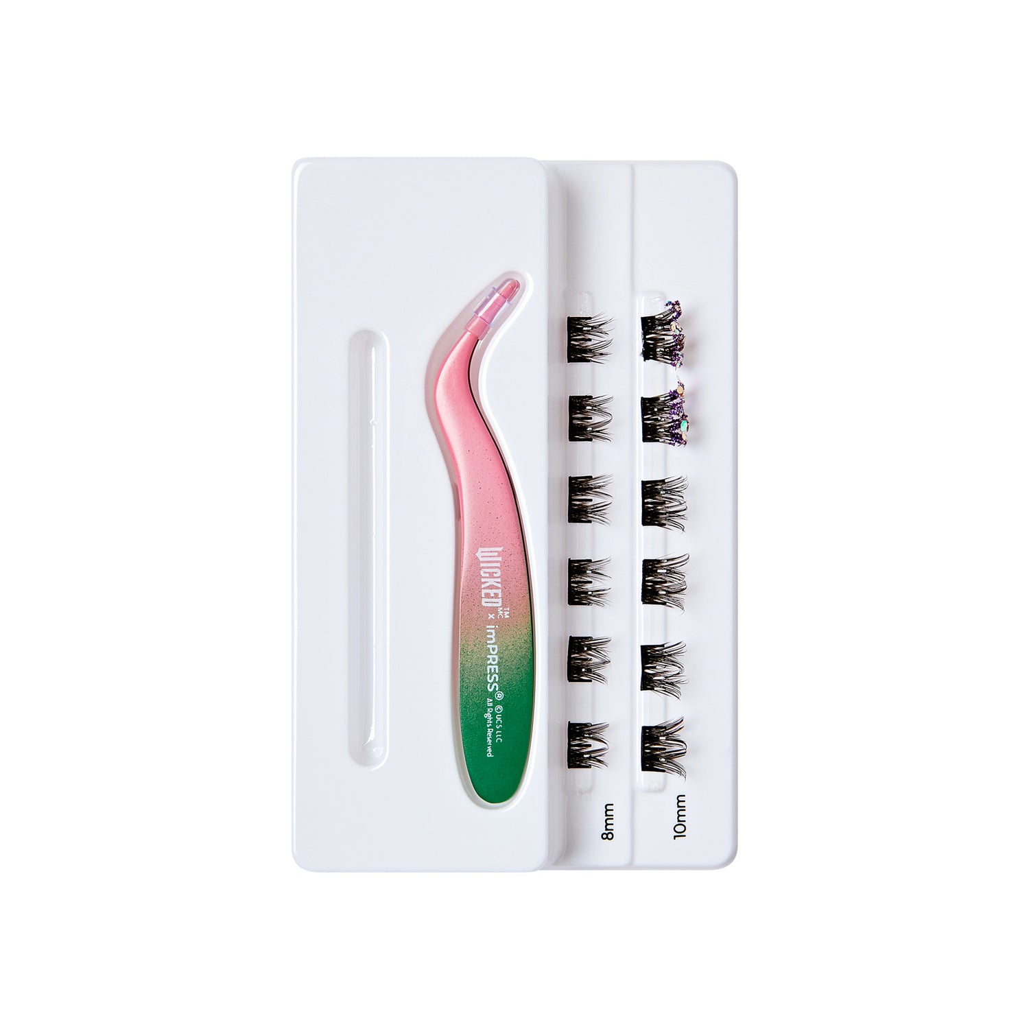 The image features a lash extension kit. It includes a pair of tweezers with a pink and green gradient handle, designed for precision application. The kit also contains rows of individual lash extensions, with lengths labeled as 8mm and 10mm. The lashes are arranged neatly on a white tray, showcasing their curl and texture, ideal for enhancing the appearance of natural eyelashes.
