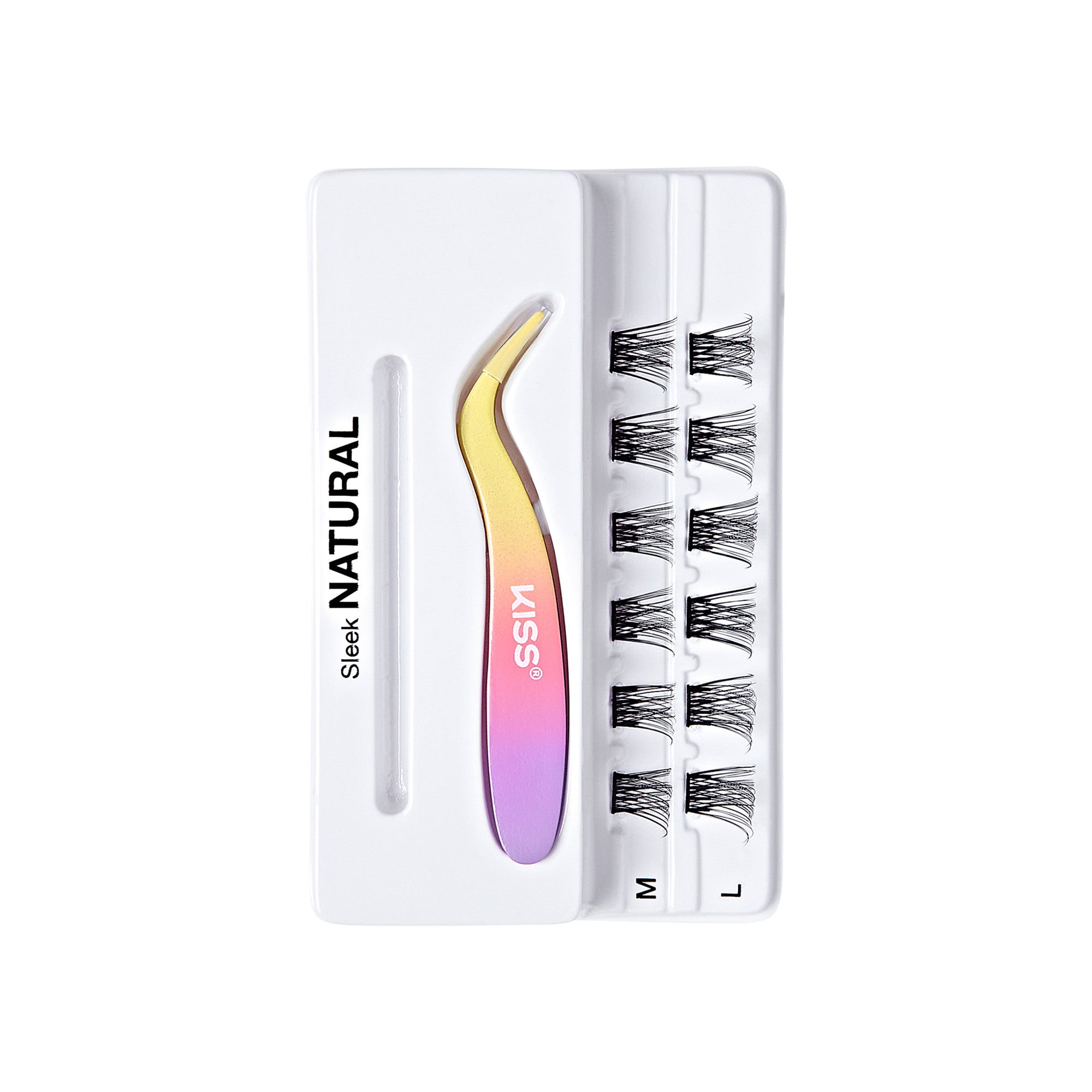 The image shows a packaged set of false eyelashes and an applicator tool. The packaging is predominantly white with black text. The text "Sleek NATURAL" is printed vertically on the left side of the packaging. The applicator tool, which is gradient-colored in shades of gold, pink, and purple, is positioned in the center. To the right of the applicator, there are three rows of false eyelashes labeled "S," "M," and "L," indicating different sizes. The brand name "KISS" is printed on the applicator tool.