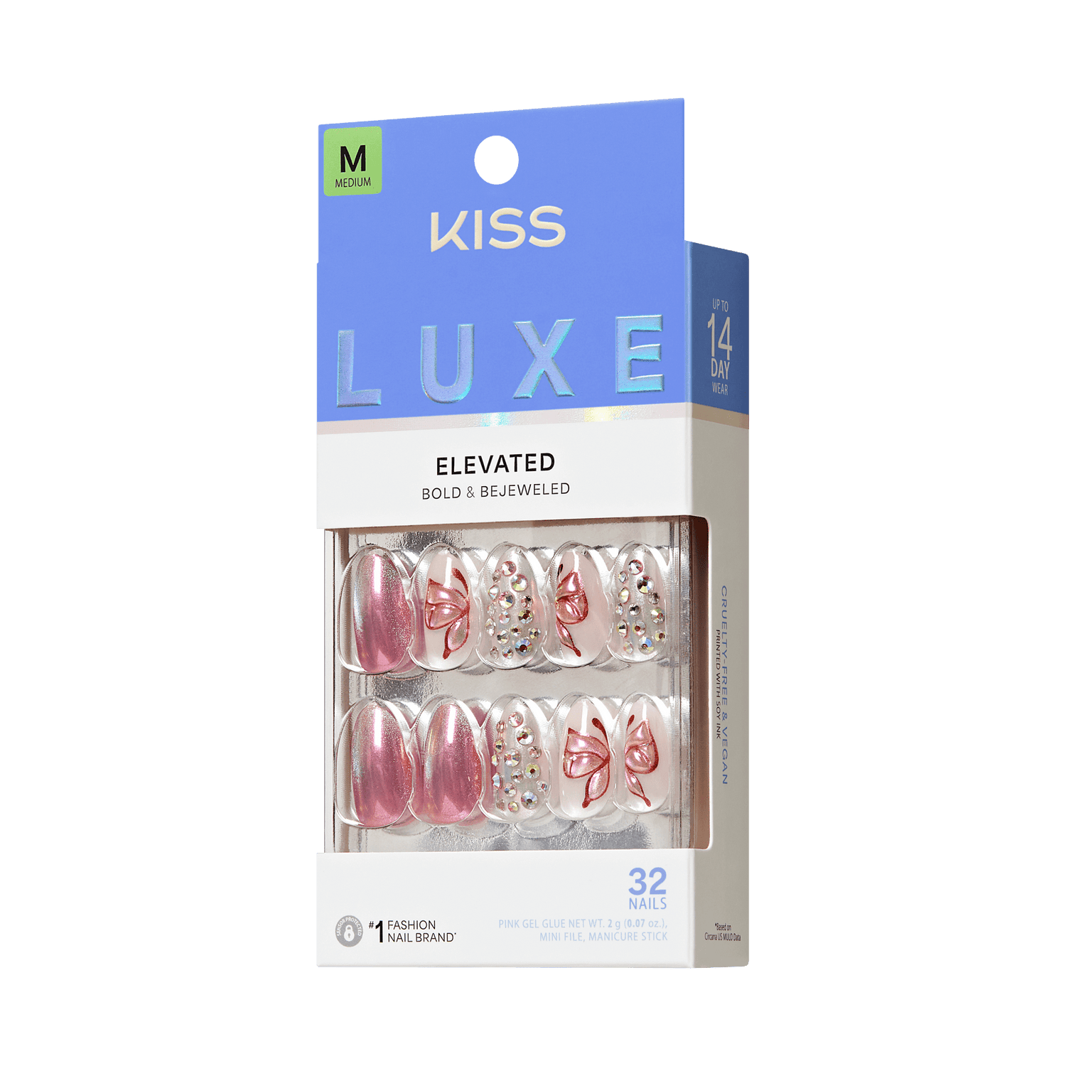 KISS Luxe Elevated medium press-on nails, 32 count, pink with bows and rhinestones.