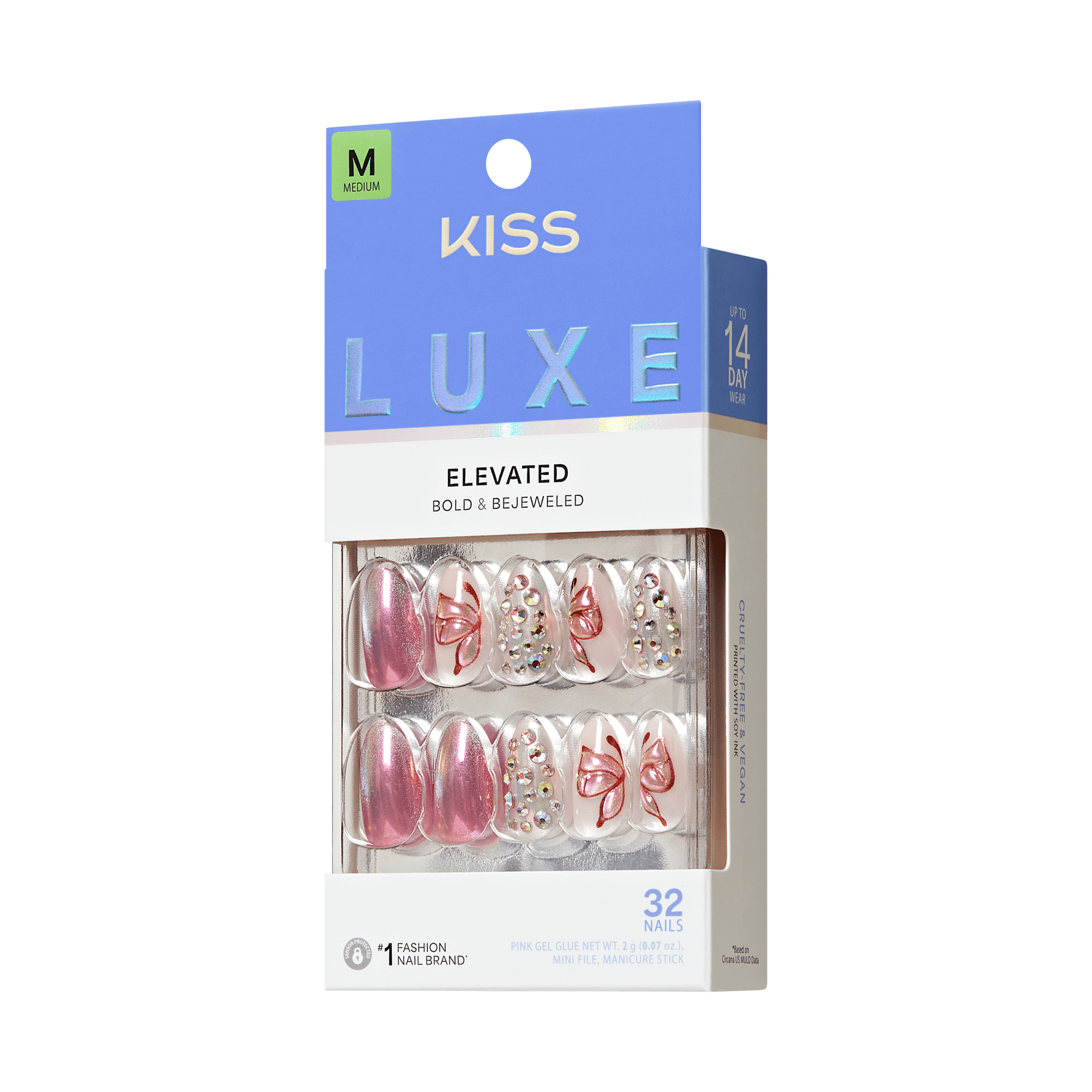 KISS Luxe Elevated medium press-on nails, 32 count, pink with bows and rhinestones.