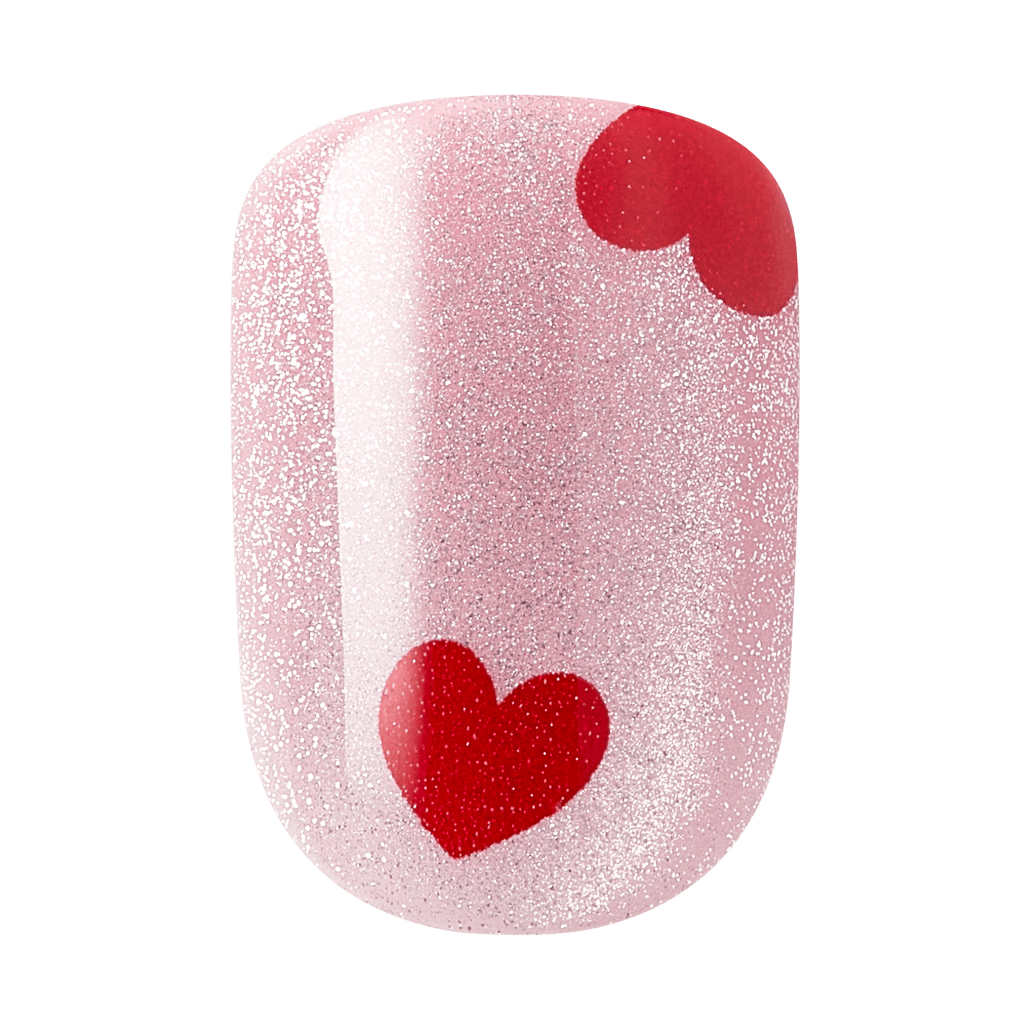 Pink glitter nail polish with red heart and circle designs