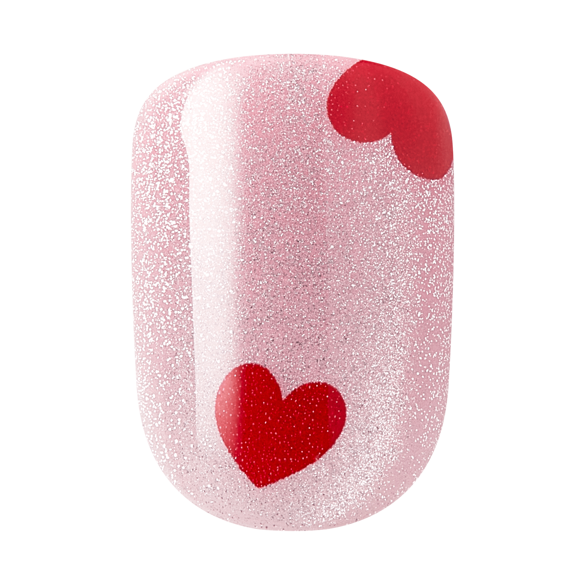 Pink glitter nail polish with red heart and circle designs
