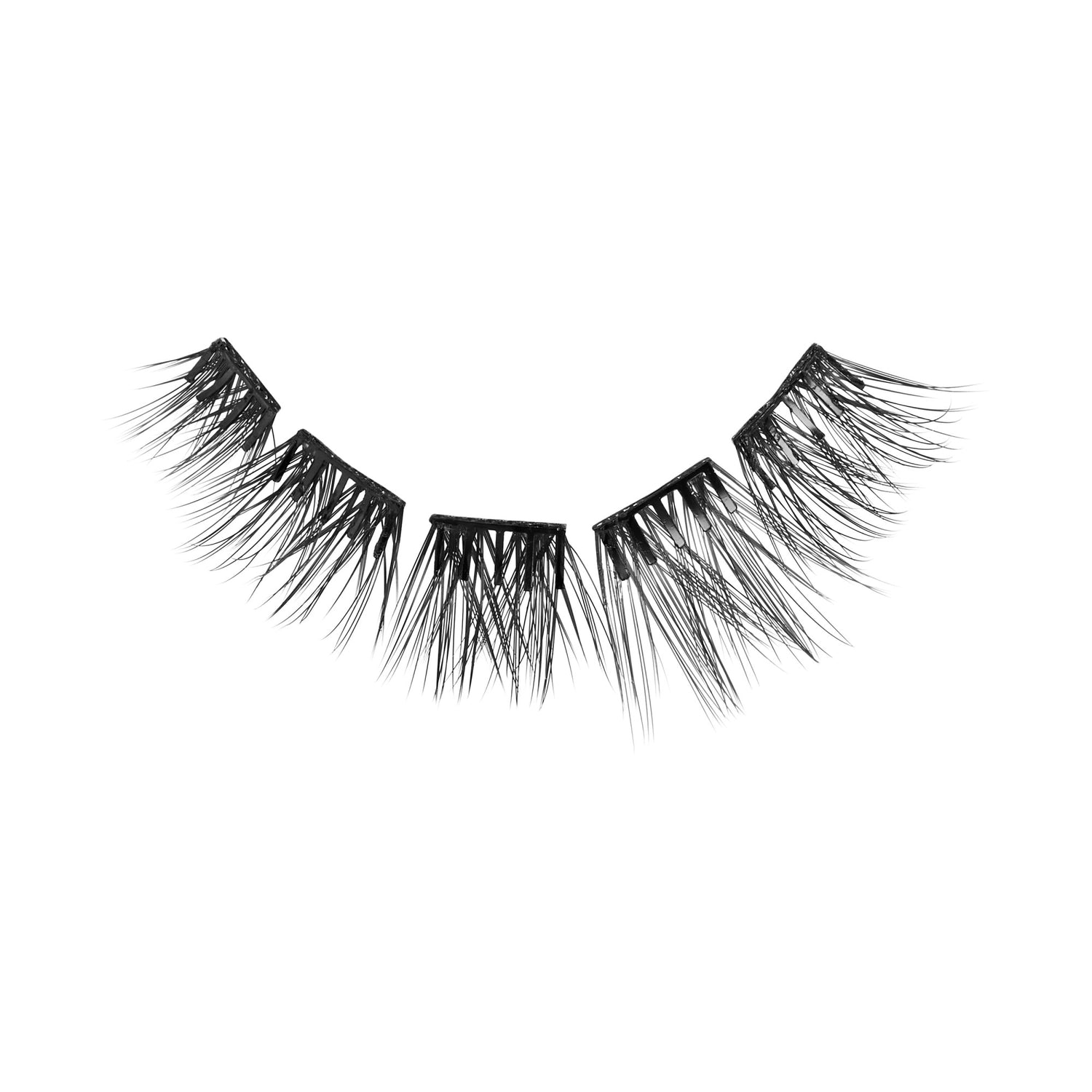Pair of black false eyelashes with layered wispy lashes on white background.