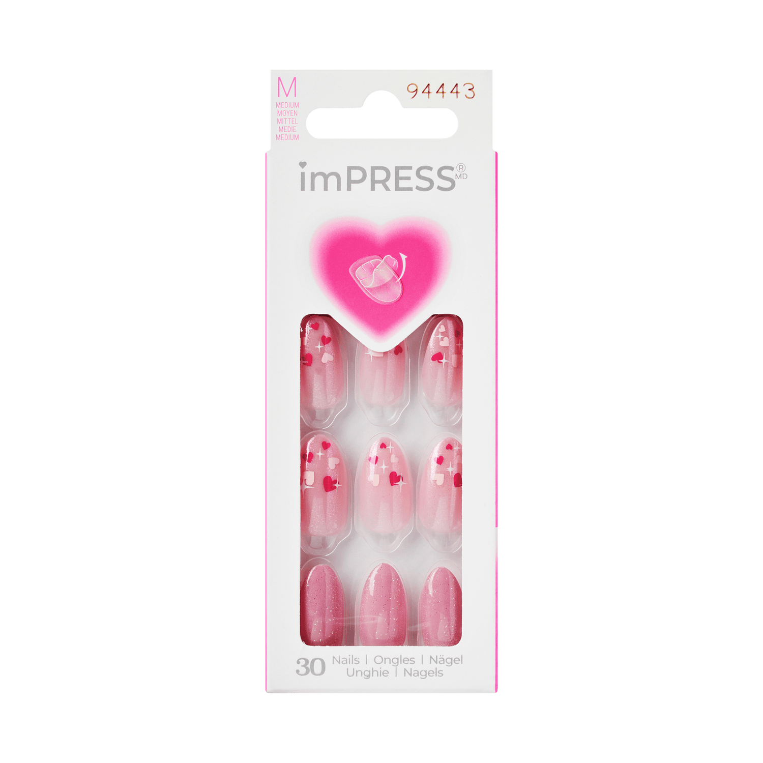 The image features a packaging for imPRESS press-on nails. The box is predominantly pink and white, with a heart design at the top. Inside the transparent section, there are 30 artificial nails displayed, showcasing a variety of pink shades and designs, including some with heart patterns. The nails are almond-shaped and appear to be designed for easy application. The packaging includes the product name and a model number, indicating it is part of a specific collection.