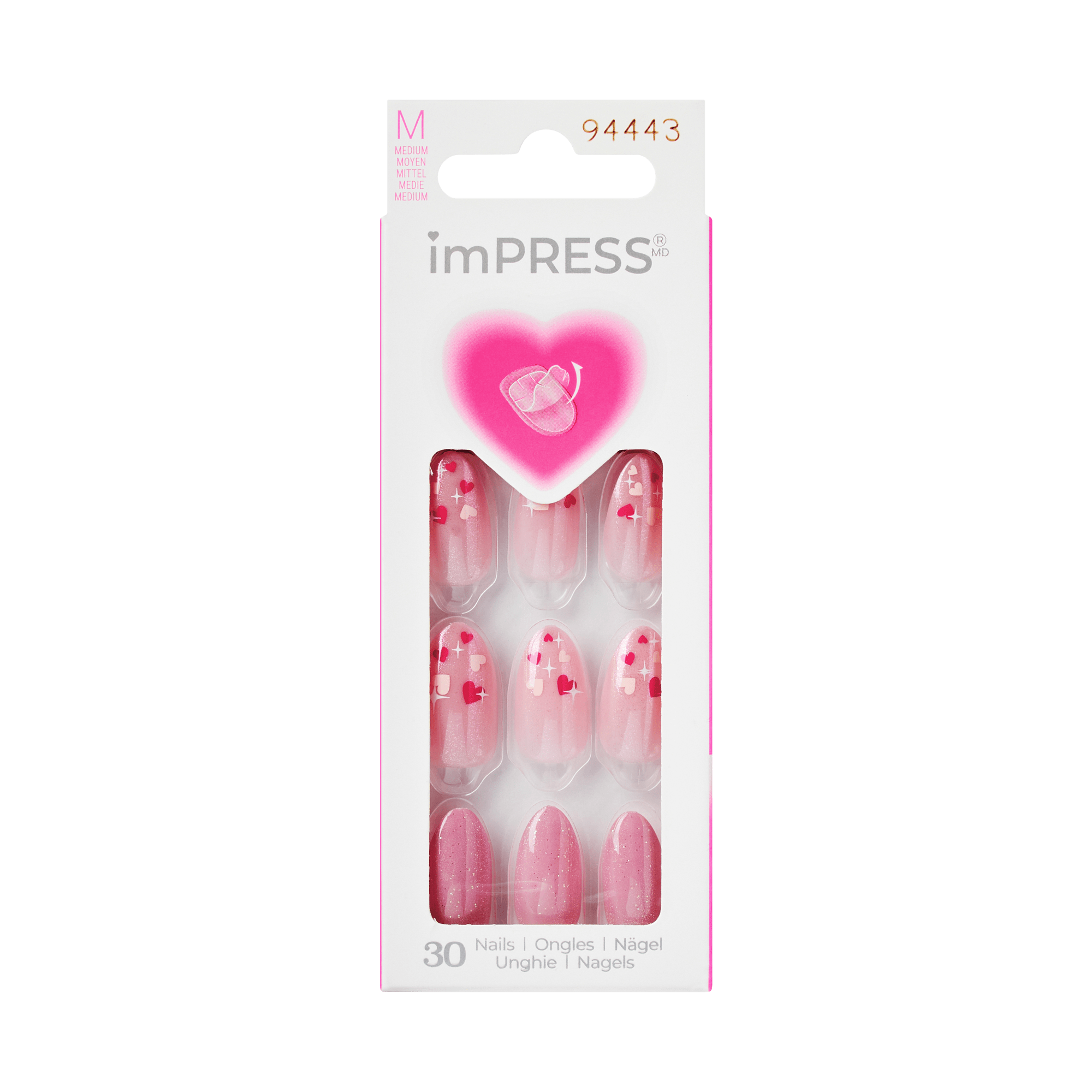 The image features a packaging for imPRESS press-on nails. The box is predominantly pink and white, with a heart design at the top. Inside the transparent section, there are 30 artificial nails displayed, showcasing a variety of pink shades and designs, including some with heart patterns. The nails are almond-shaped and appear to be designed for easy application. The packaging includes the product name and a model number, indicating it is part of a specific collection.