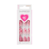 The image features a packaging for imPRESS press-on nails. The box is predominantly pink and white, with a heart design at the top. Inside the transparent section, there are 30 artificial nails displayed, showcasing a variety of pink shades and designs, including some with heart patterns. The nails are almond-shaped and appear to be designed for easy application. The packaging includes the product name and a model number, indicating it is part of a specific collection.