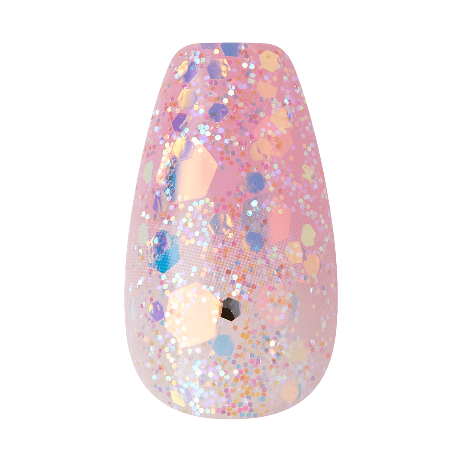 The image shows a single artificial nail with a glossy, multi-colored glitter design. The nail features a pink base with an array of hexagonal and circular glitter pieces in various sizes. The glitter pieces reflect light, creating a sparkling effect with colors such as blue, purple, gold, and silver. The overall appearance is vibrant and eye-catching, suitable for decorative or fashion purposes.