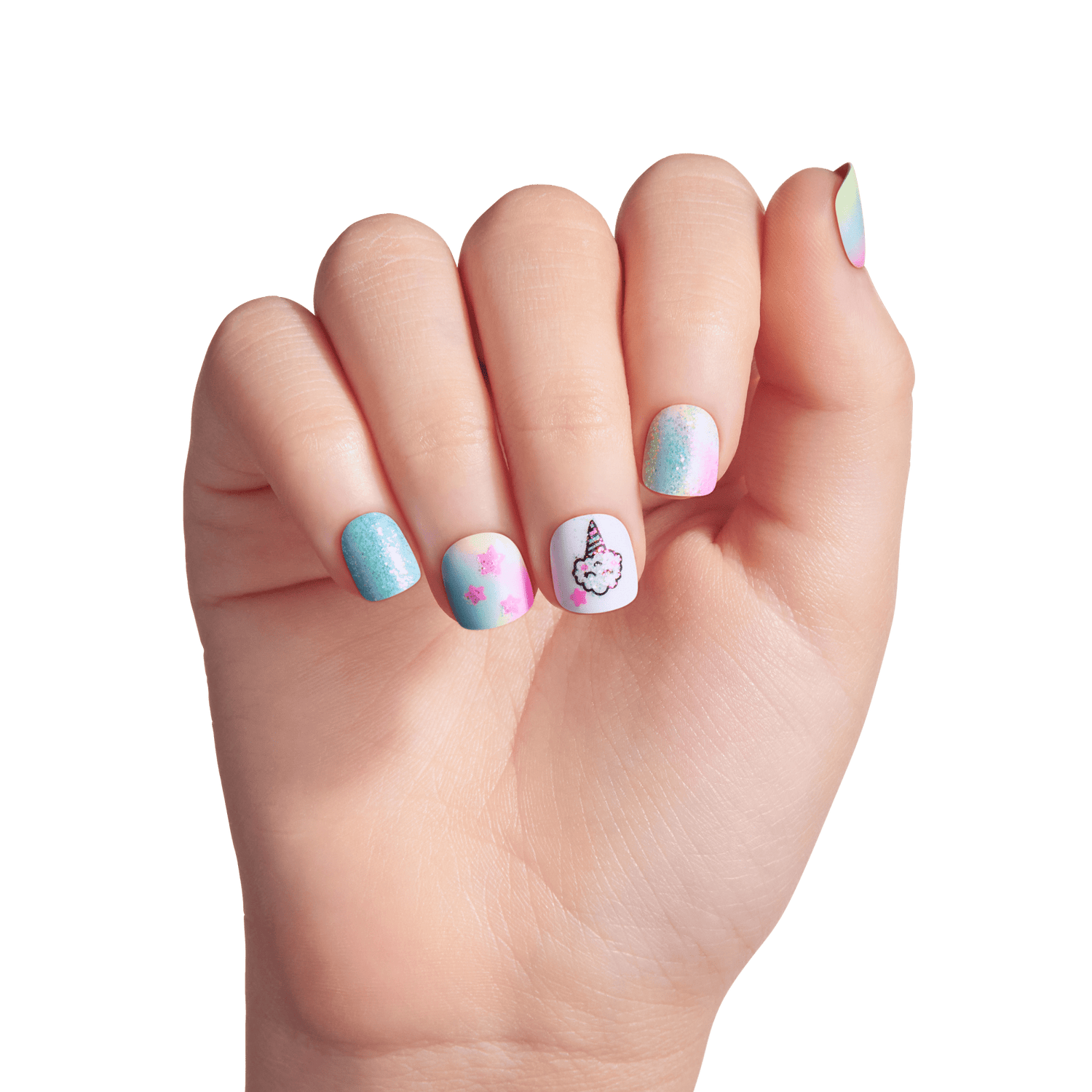 Hand displaying manicure with blue glitter, pink flowers, and unicorn nail art designs.