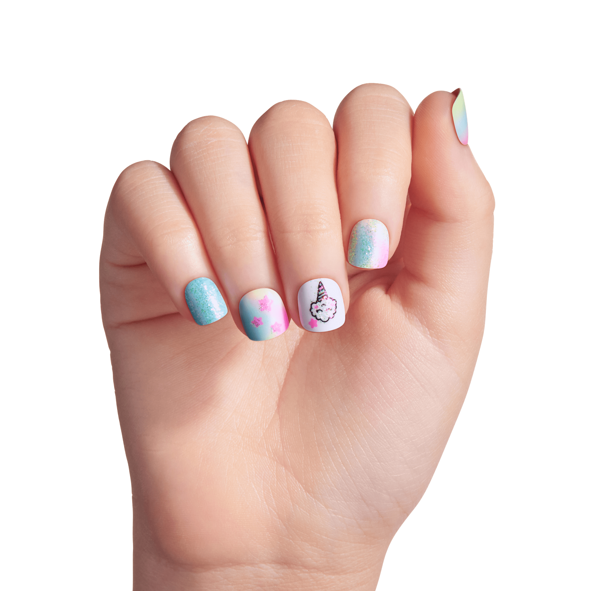 Hand displaying manicure with blue glitter, pink flowers, and unicorn nail art designs.