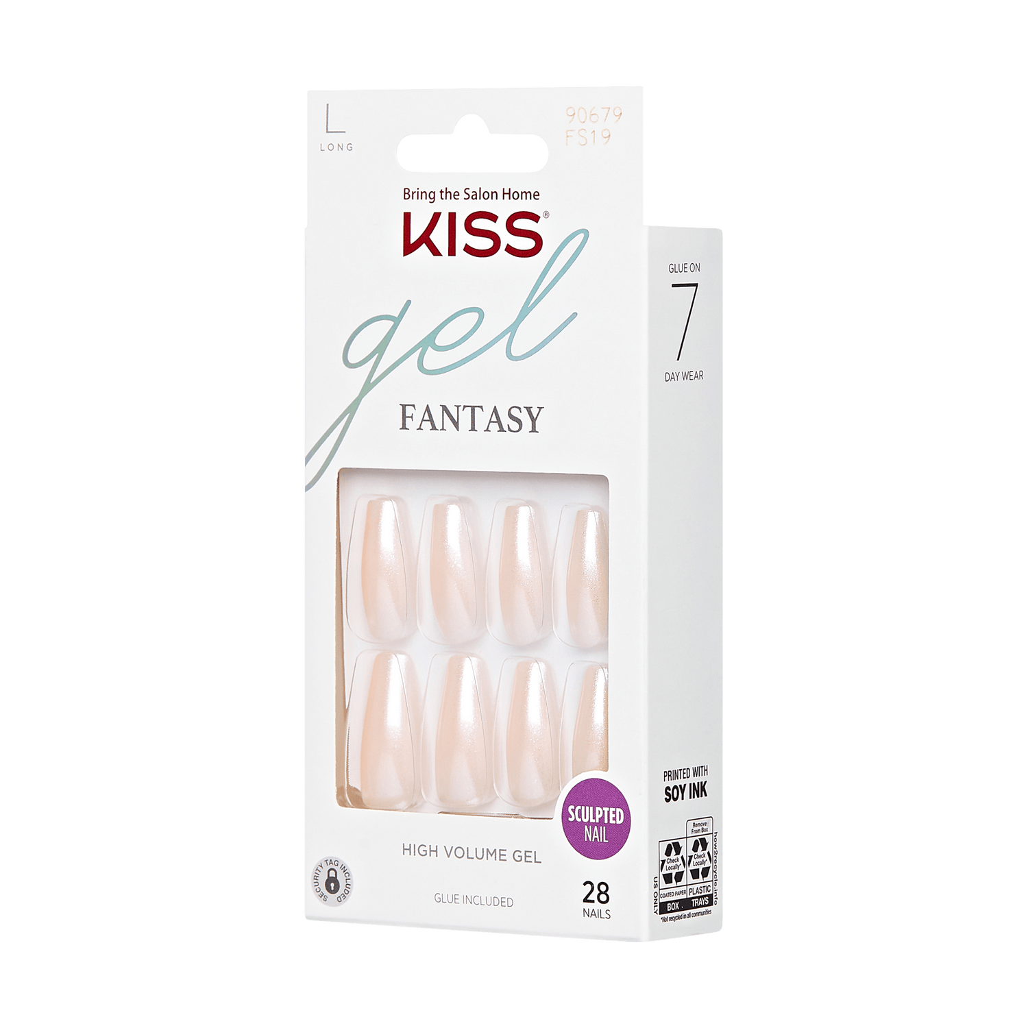 KISS Gel Fantasy press-on nails in long shape, pearlescent light pink, with 28 sculpted high volume gel nails and glue included, 7-day wear.