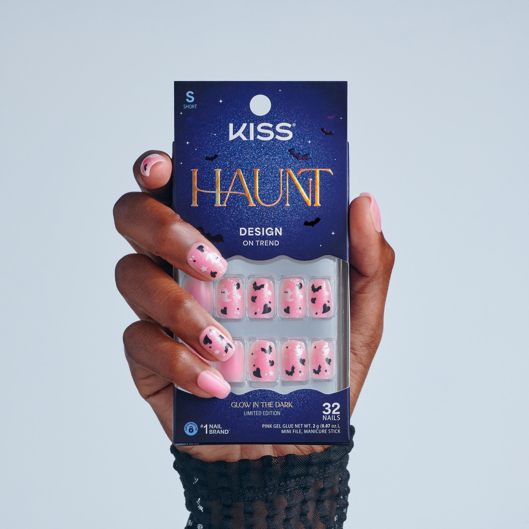 Kiss Haunt Halloween Press On Fake Glue Nails - Trick or Tip | Design, Pink, Short, Squoval, Glow In The Dark
