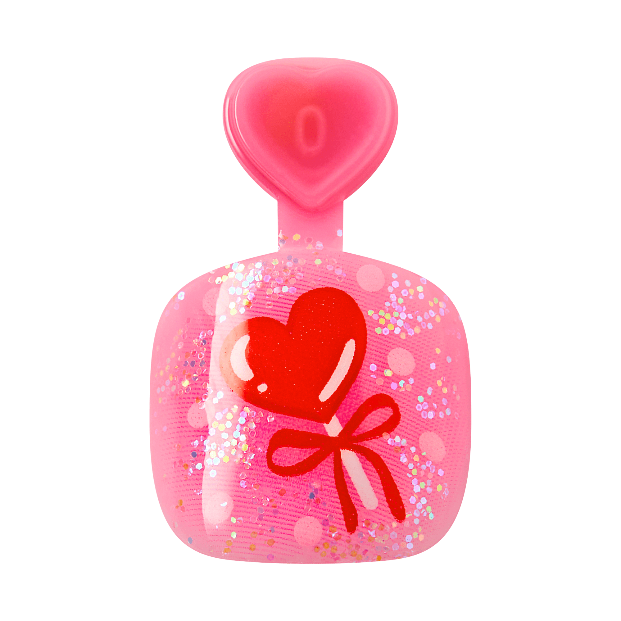 Pink heart-shaped perfume bottle with red heart and bow design, glitter accents.