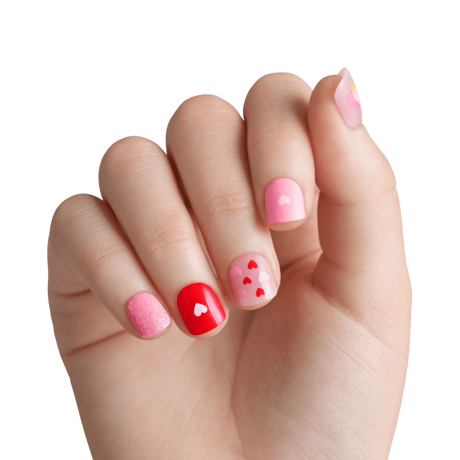 Hand with heart-themed nail art in pink, red, and white colors.