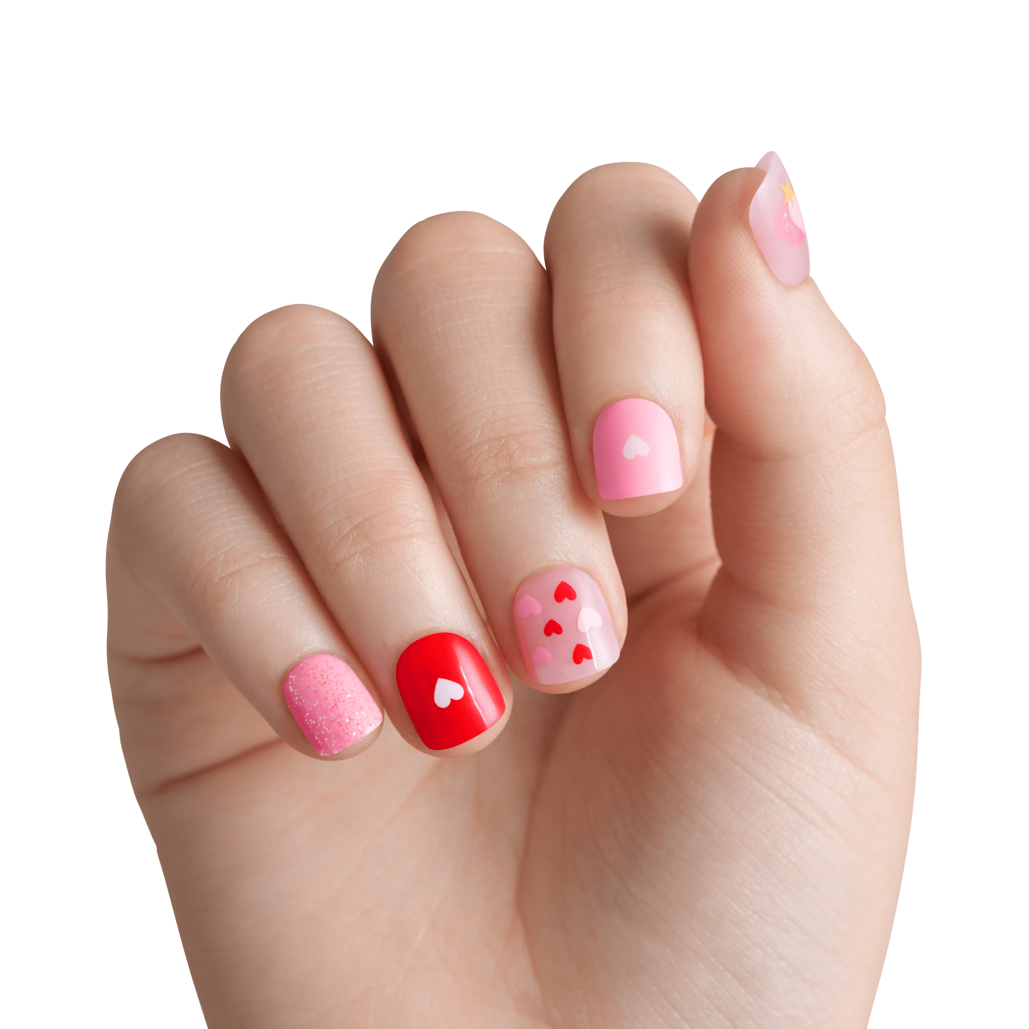 Hand with heart-themed nail art in pink, red, and white colors.