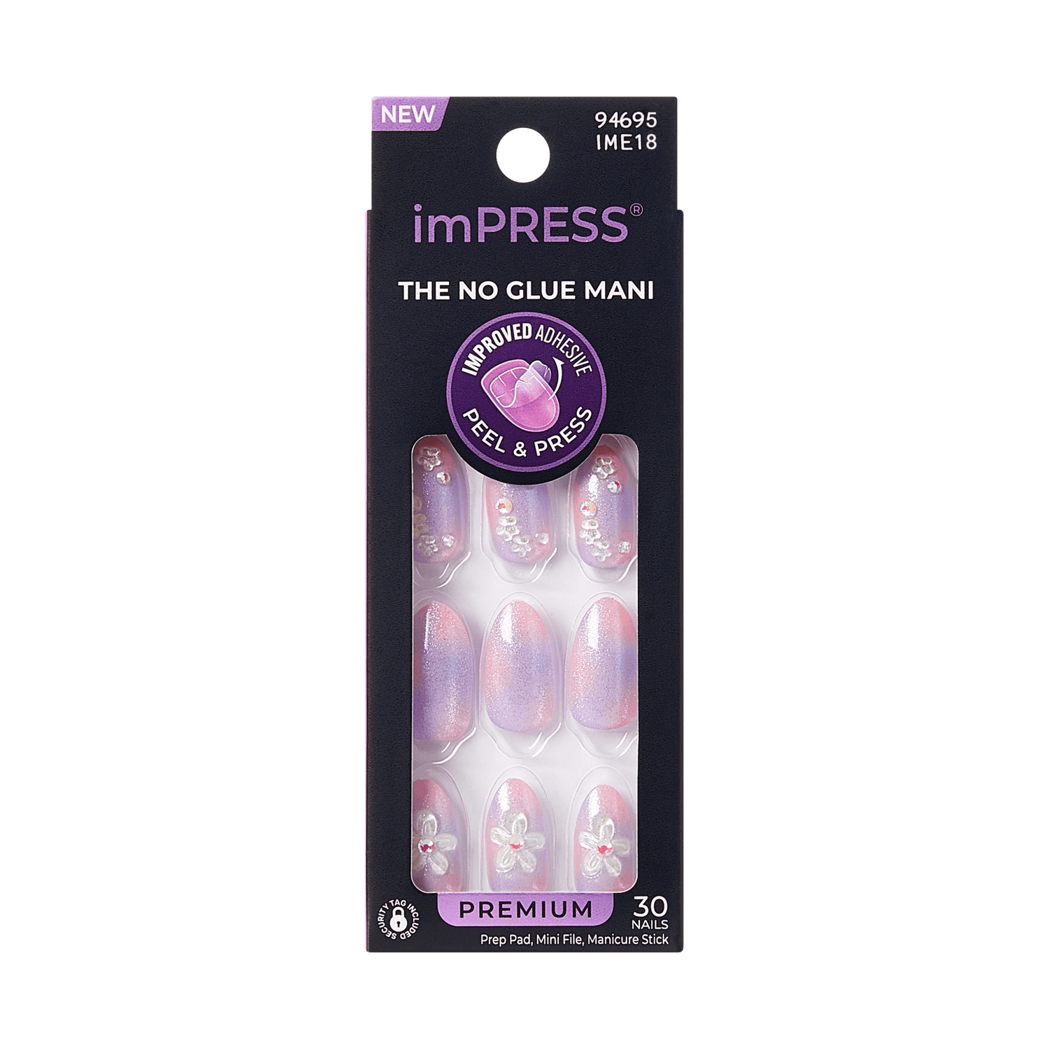 imPRESS The No Glue Mani press-on nails with improved adhesive in pink and purple.