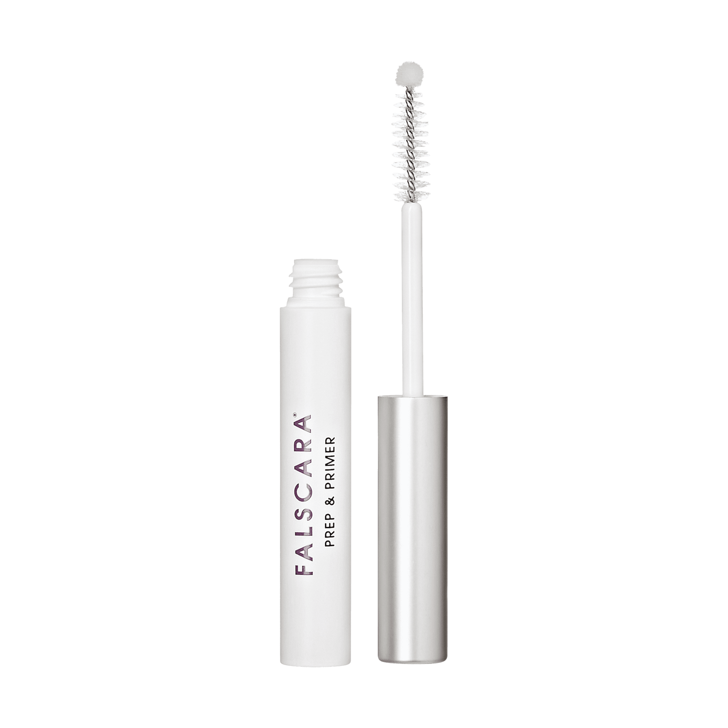 The image shows a cosmetic product consisting of a white cylindrical tube with a silver cap. The tube is labeled "FALSCARA PREP &amp; PRIMER" in purple text. The cap is removed and placed next to the tube, revealing a brush applicator attached to the cap. The brush has a white handle and a spiral bristle design, commonly used for applying mascara or similar products. The overall design is sleek and modern, with a focus on simplicity and functionality.
