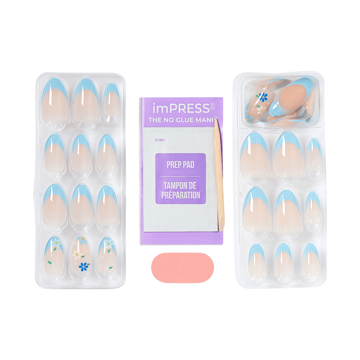 imPRESS No Glue Manicure press-on nails with blue ombre design and prep pad