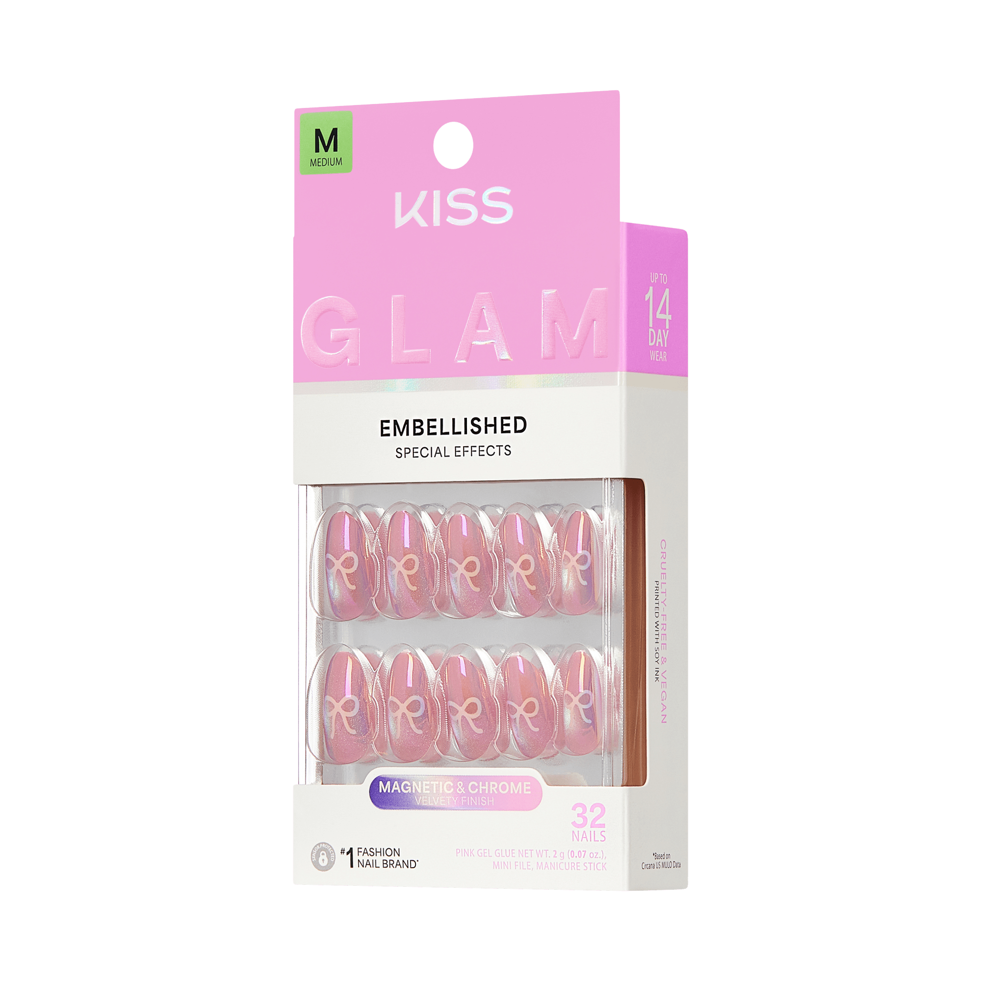 Kiss Glam Embellished Press On Fake Glue Nails - Happy Friday | 3D &amp; Jewel Design, Pink, Medium, Almond