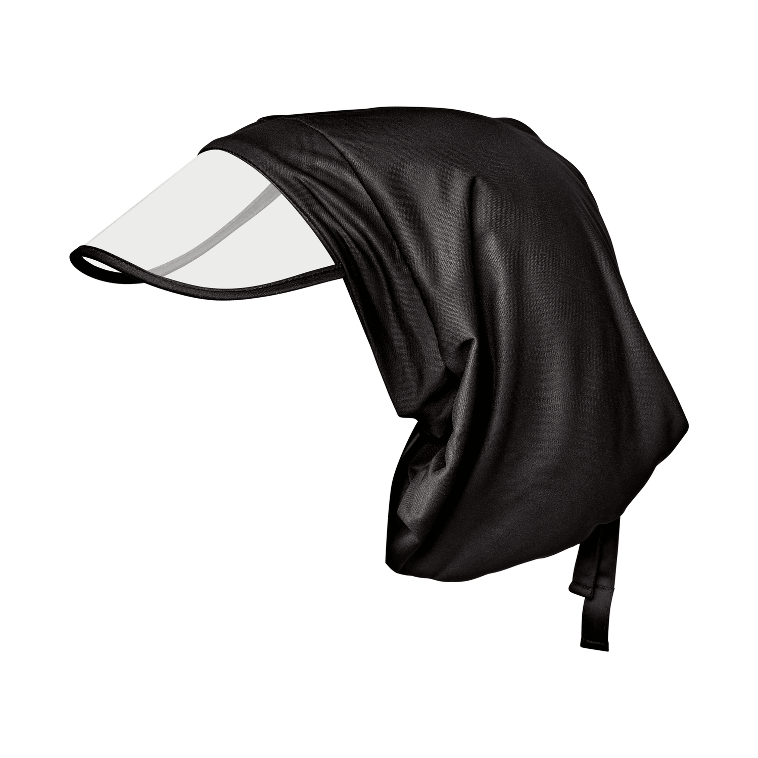 Black satin-lined rain cap with a clear visor and adjustable strap, designed to protect hair in wet weather.