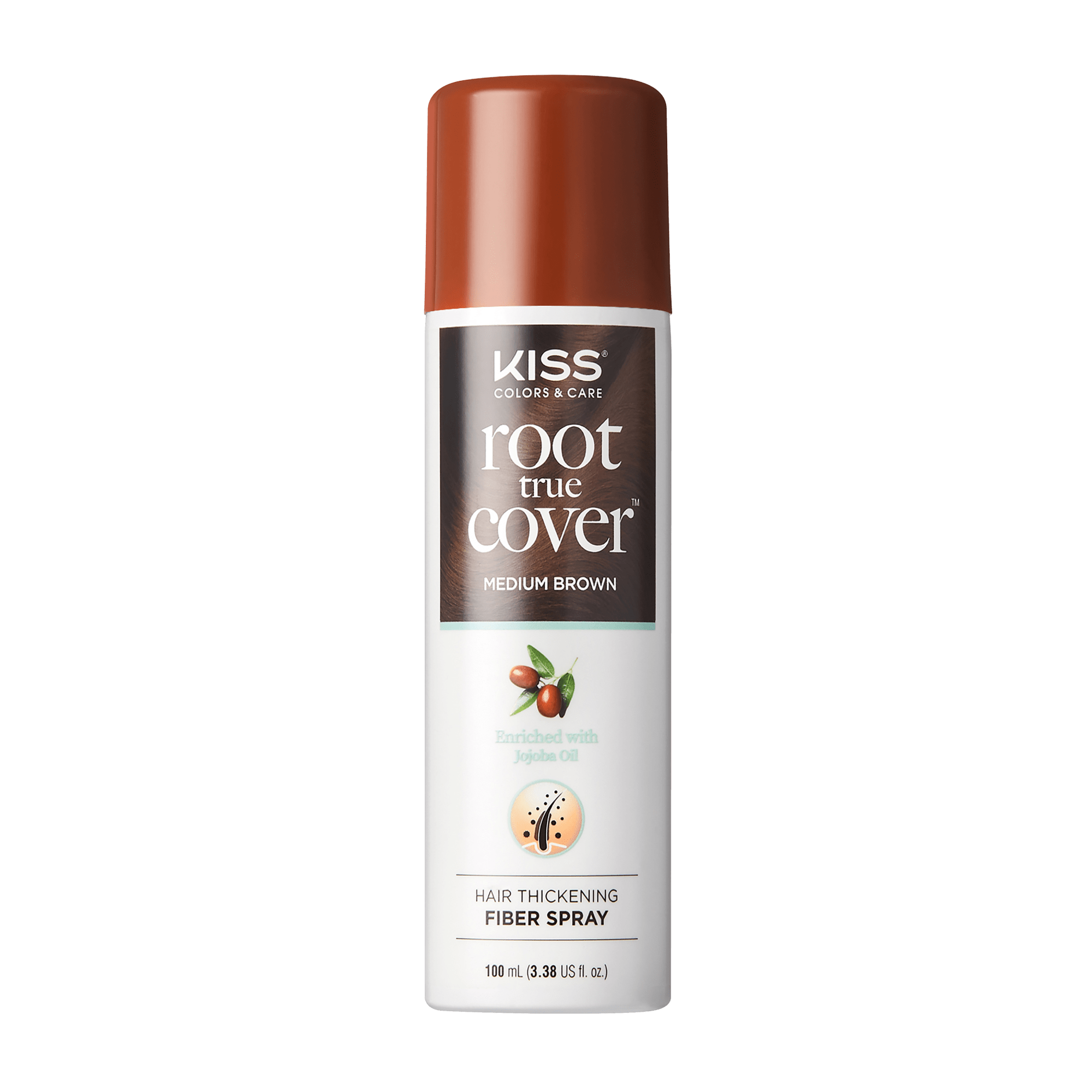 The image features a can of KISS Colors &amp; Care Root True Cover Hair Thickening Fiber Spray. The can is predominantly white with a brown cap. It is labeled "Medium Brown" and highlights that it is infused with natural ingredients. The product is designed to help thicken hair, making it appear fuller. The can contains 100 ml (3.4 fl oz) of the spray.