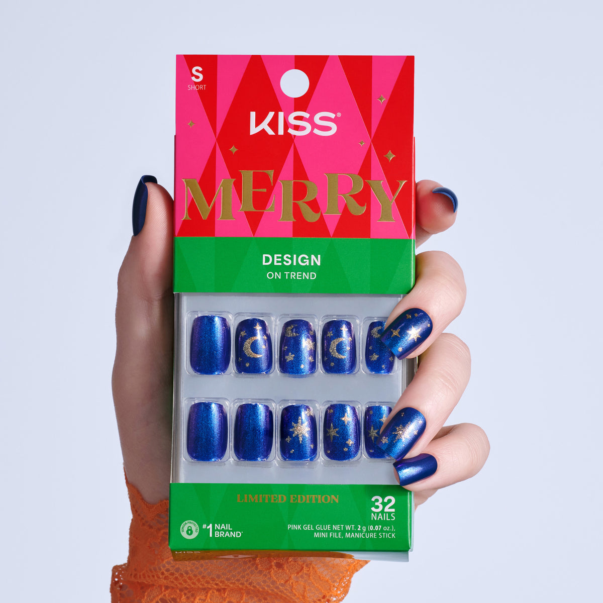 Kiss Merry Holiday Press On Fake Glue Nails - Wrapped In Warmth | Design, Blue, Short, Squoval