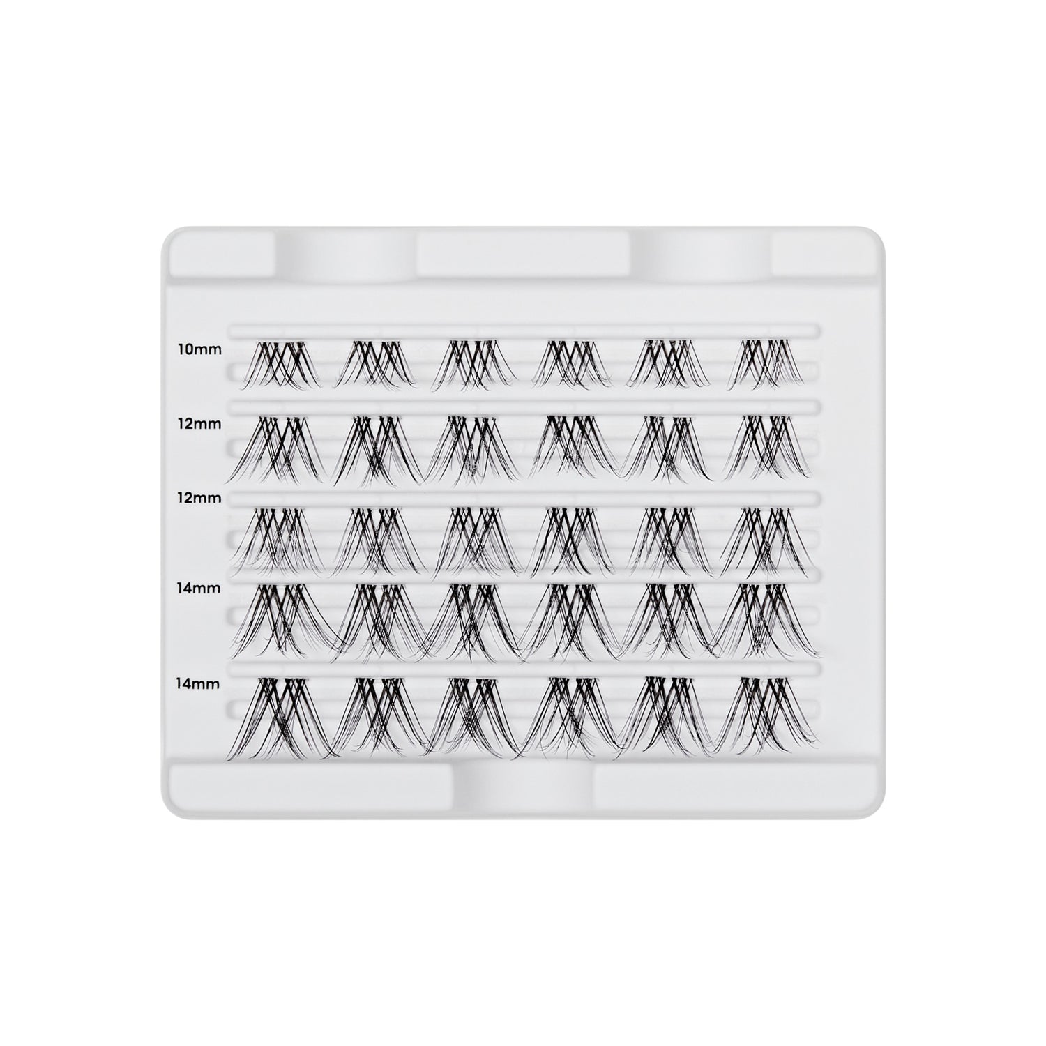The image features a clear plastic tray containing individual false eyelashes arranged in rows. The lashes vary in length, with labels indicating their sizes: 10mm, 12mm, and 14mm. The lashes are black and appear to be designed for enhancing the natural look of eyelashes, suitable for use in beauty applications such as eyelash extensions. The organized layout allows for easy selection and application.