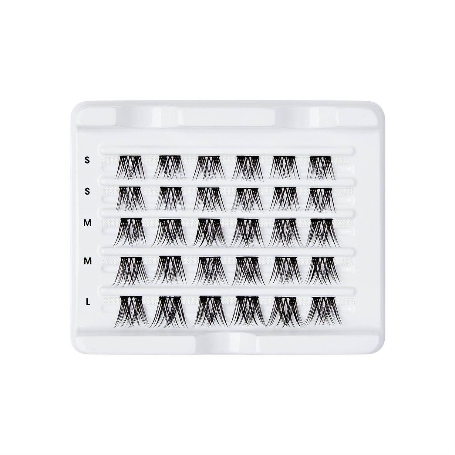 The image shows a white plastic tray containing multiple rows of false eyelash clusters. The tray is organized into five horizontal rows, each labeled on the left side with sizes: "S", "S", "M", "M", and "L" from top to bottom. Each row contains several clusters of eyelashes, with the clusters in the top rows being shorter and the clusters in the bottom rows being longer, corresponding to the size labels. The tray is designed to keep the eyelash clusters neatly arranged and easily accessible.