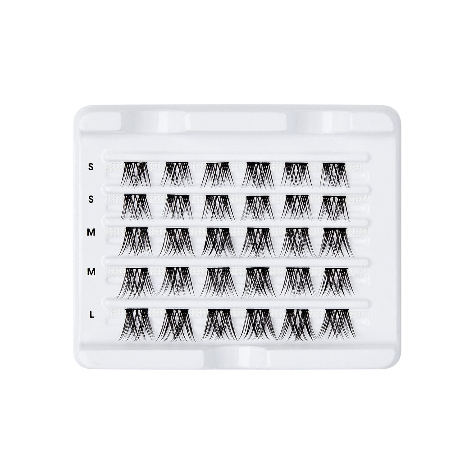 The image shows a white plastic tray containing multiple rows of false eyelash clusters. The tray is organized into five horizontal rows, each labeled on the left side with sizes: "S", "S", "M", "M", and "L" from top to bottom. Each row contains several clusters of eyelashes, with the clusters in the top rows being shorter and the clusters in the bottom rows being longer, corresponding to the size labels. The tray is designed to keep the eyelash clusters neatly arranged and easily accessible.