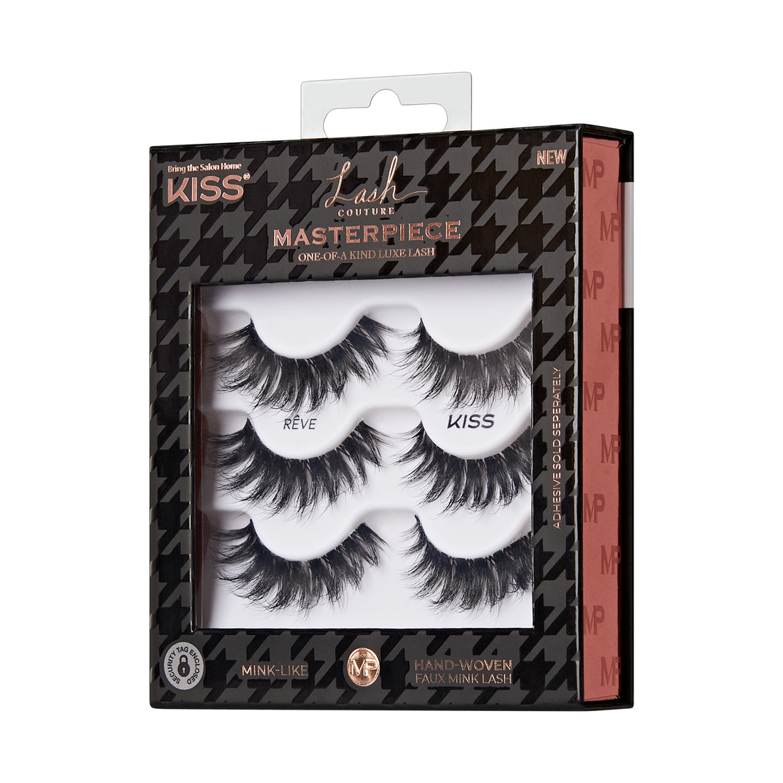 Kiss Lash Couture Masterpiece 6-pair false lashes in black packaging with houndstooth pattern.