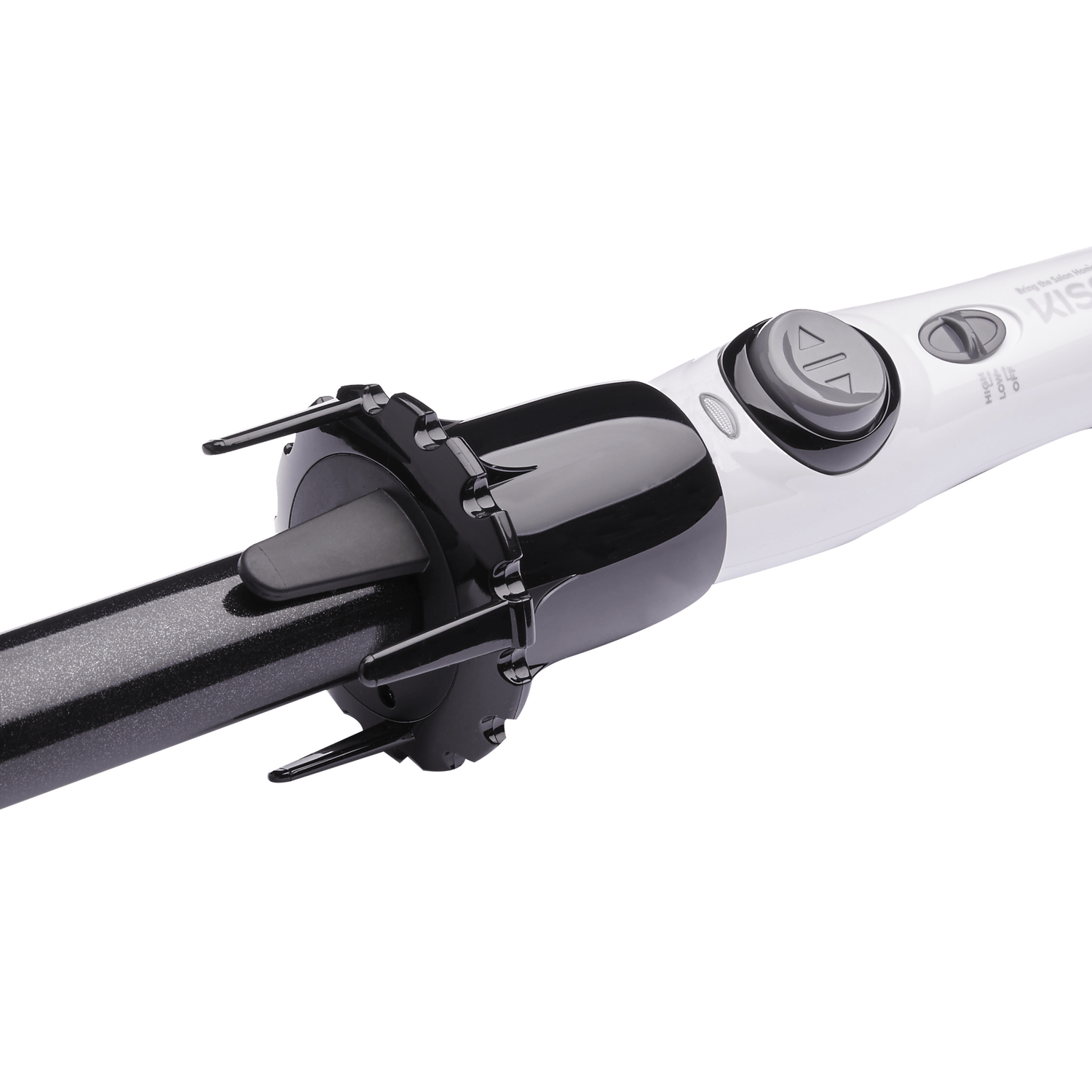 White and black automatic hair curler with a 1-inch glittery black barrel, control buttons, and a clamp, isolated on a white background.