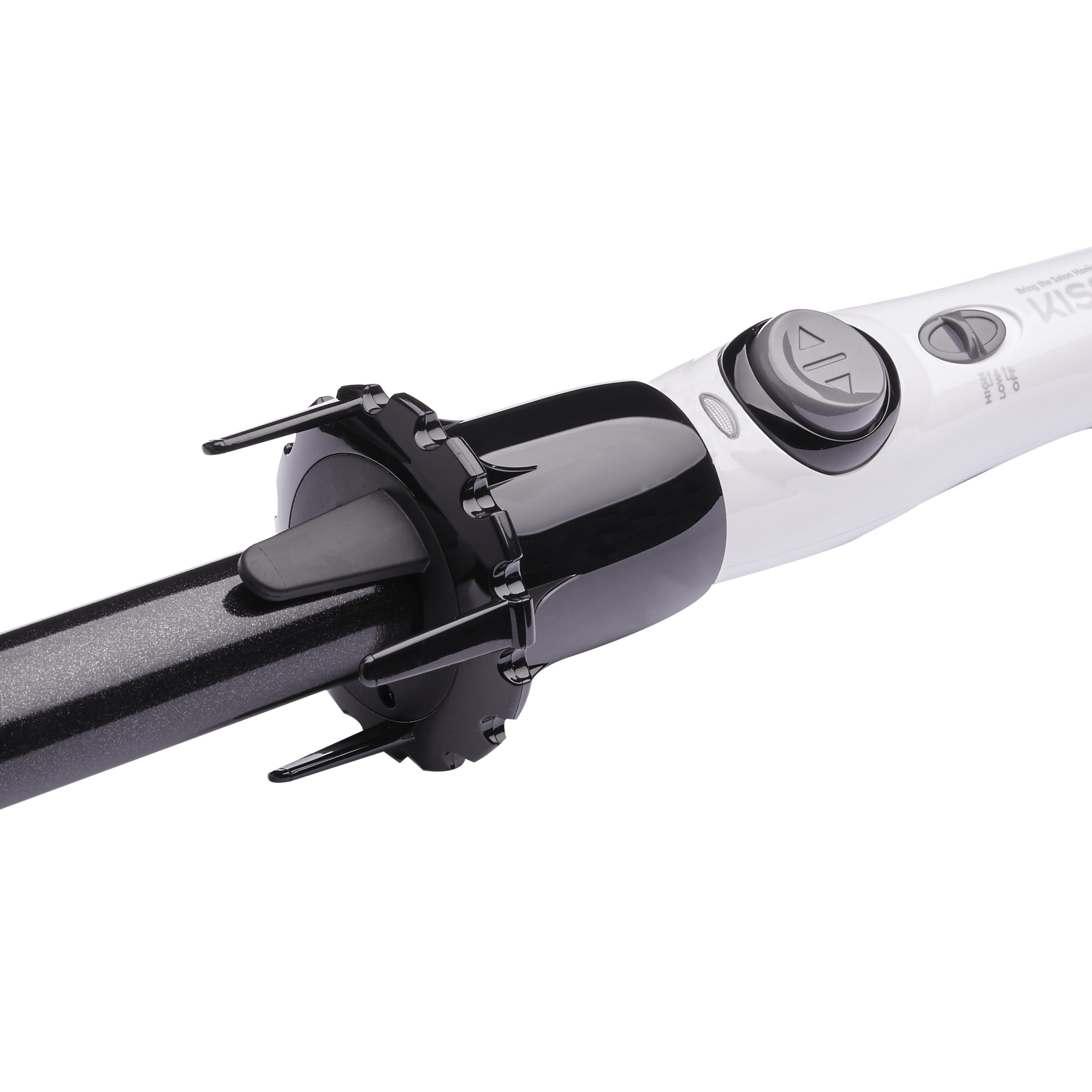 White and black automatic hair curler with a 1-inch glittery black barrel, control buttons, and a clamp, isolated on a white background.