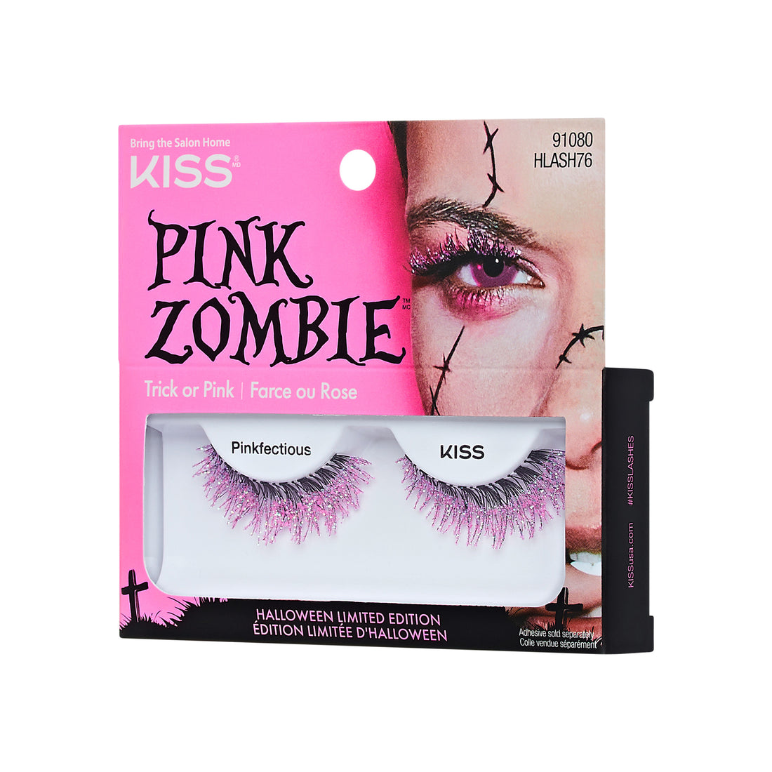 Kiss Pink Zombie Halloween limited edition false eyelashes packaging with a model wearing the lashes.