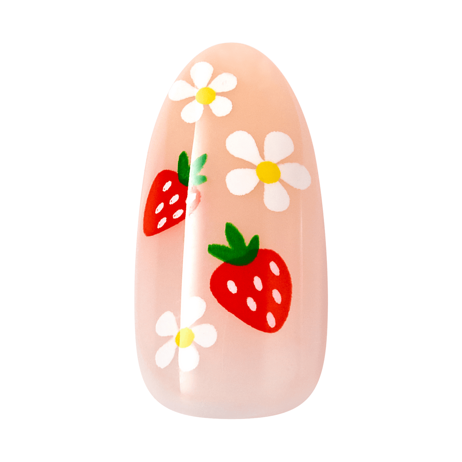 The image features a nail design on a long, almond-shaped nail tip. The base color is a soft, translucent pink. Decorated on the nail are three bright red strawberries, each adorned with white seeds, alongside several white daisies with yellow centers. The overall design is playful and vibrant, evoking a cheerful, summery vibe.