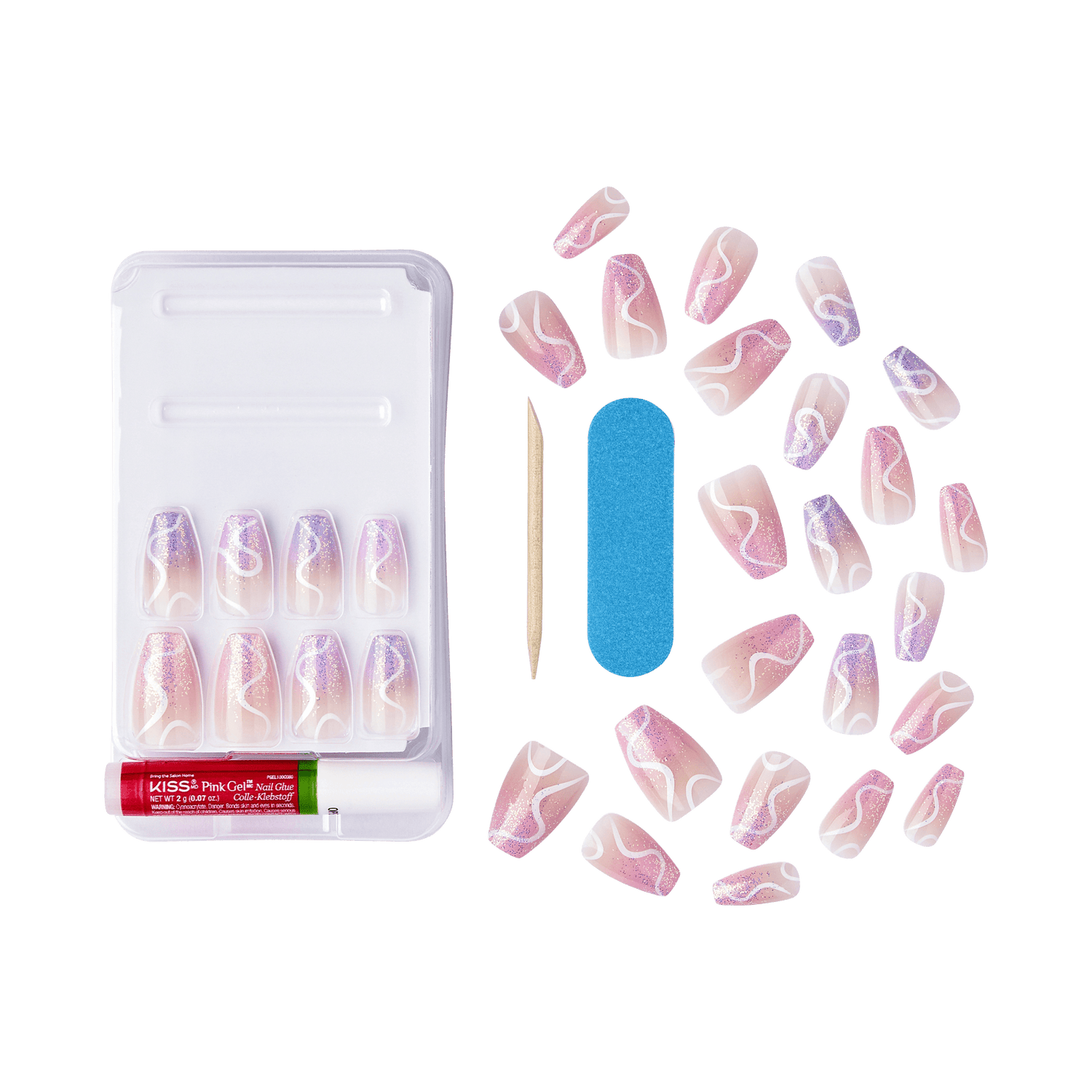 The image shows a set of artificial nails and related accessories. The set includes a variety of artificial nails with a pink and purple gradient design, featuring white wavy lines. The nails are displayed both in a plastic tray and scattered around it. Additionally, the set includes a small wooden cuticle stick, a blue nail file, and a tube of adhesive labeled "KISS Pink Gel Nail Glue." The overall presentation suggests a complete kit for applying and maintaining artificial nails.
