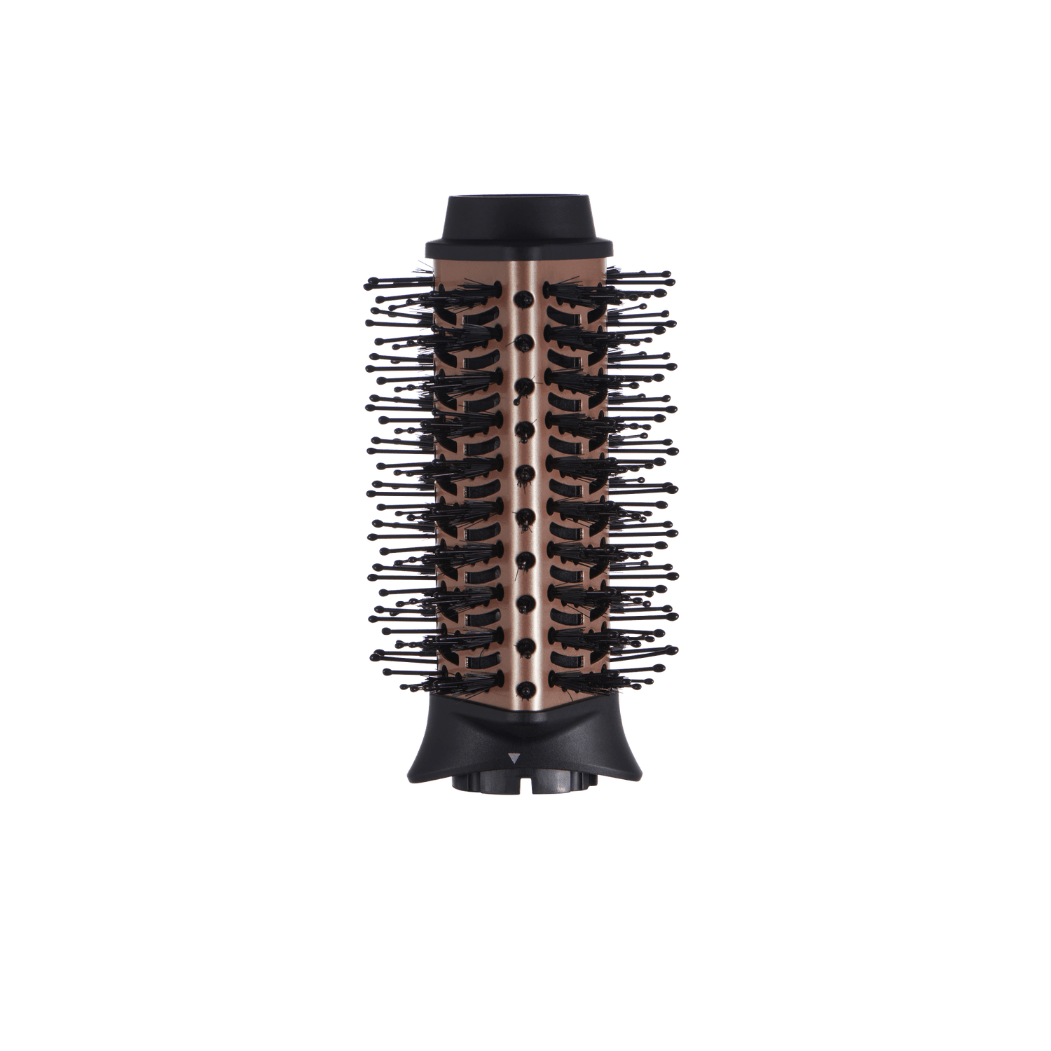 Cylindrical hot air brush with copper barrel, black bristles, and black top cap.