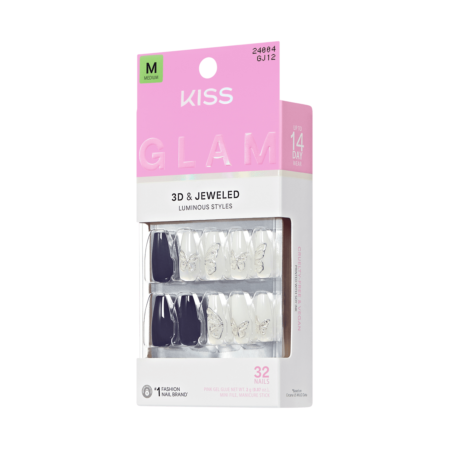 KISS Glam 3D &amp; Jeweled Luminous Styles false nails, 32 count, medium size.