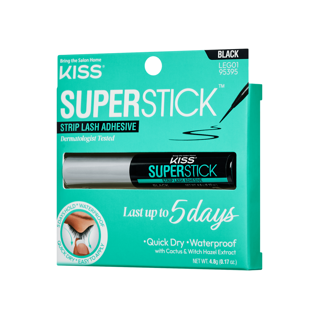 KISS Superstick black strip lash adhesive in turquoise box with clear window showing adhesive tube; claims quick dry, waterproof, dermatologist tested, lasts up to 5 days.