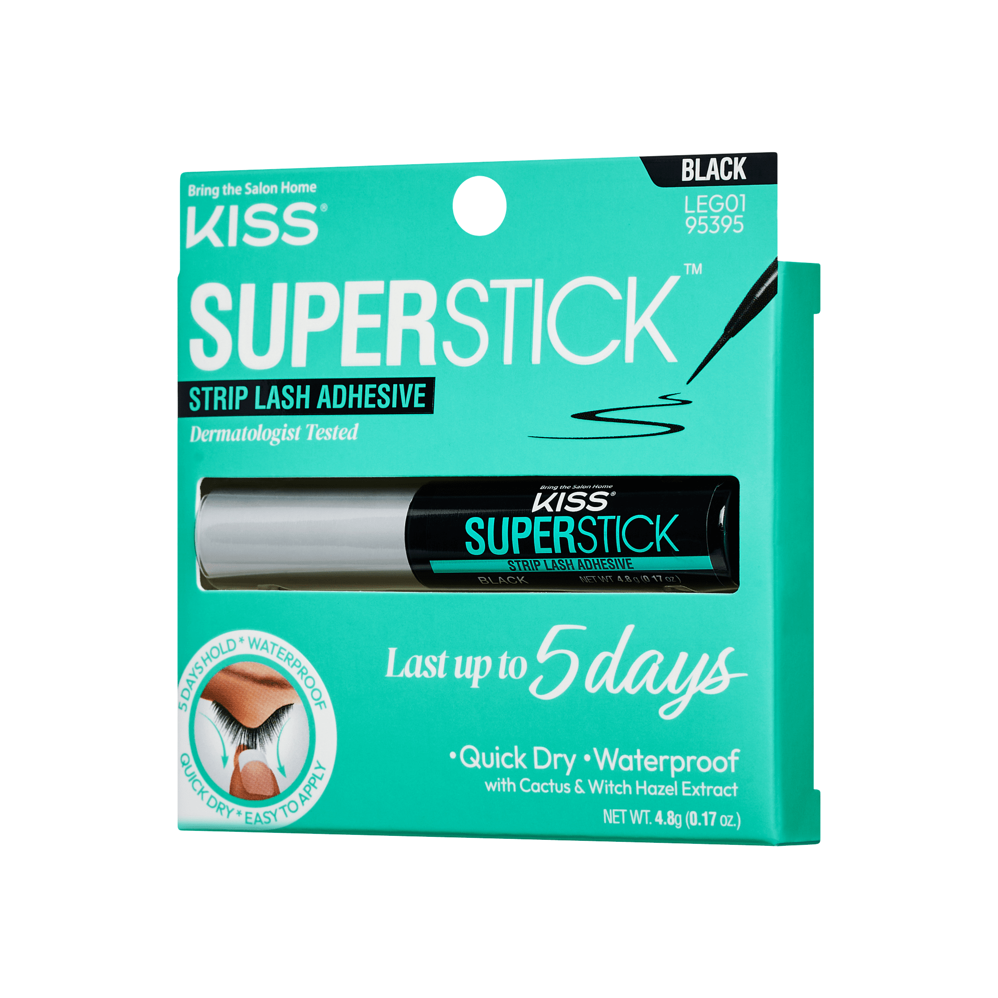 KISS Superstick black strip lash adhesive in turquoise box with clear window showing adhesive tube; claims quick dry, waterproof, dermatologist tested, lasts up to 5 days.