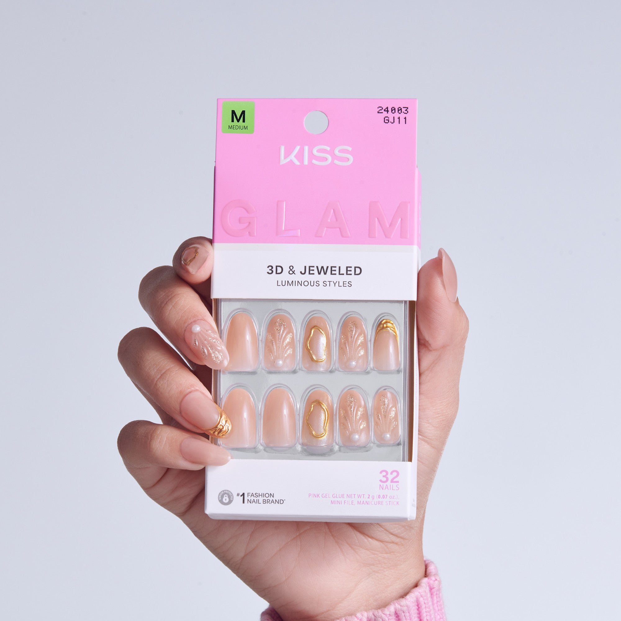 Kiss Glam 3D Jeweled press-on nails in Medium size, 32 nails displayed in packaging.