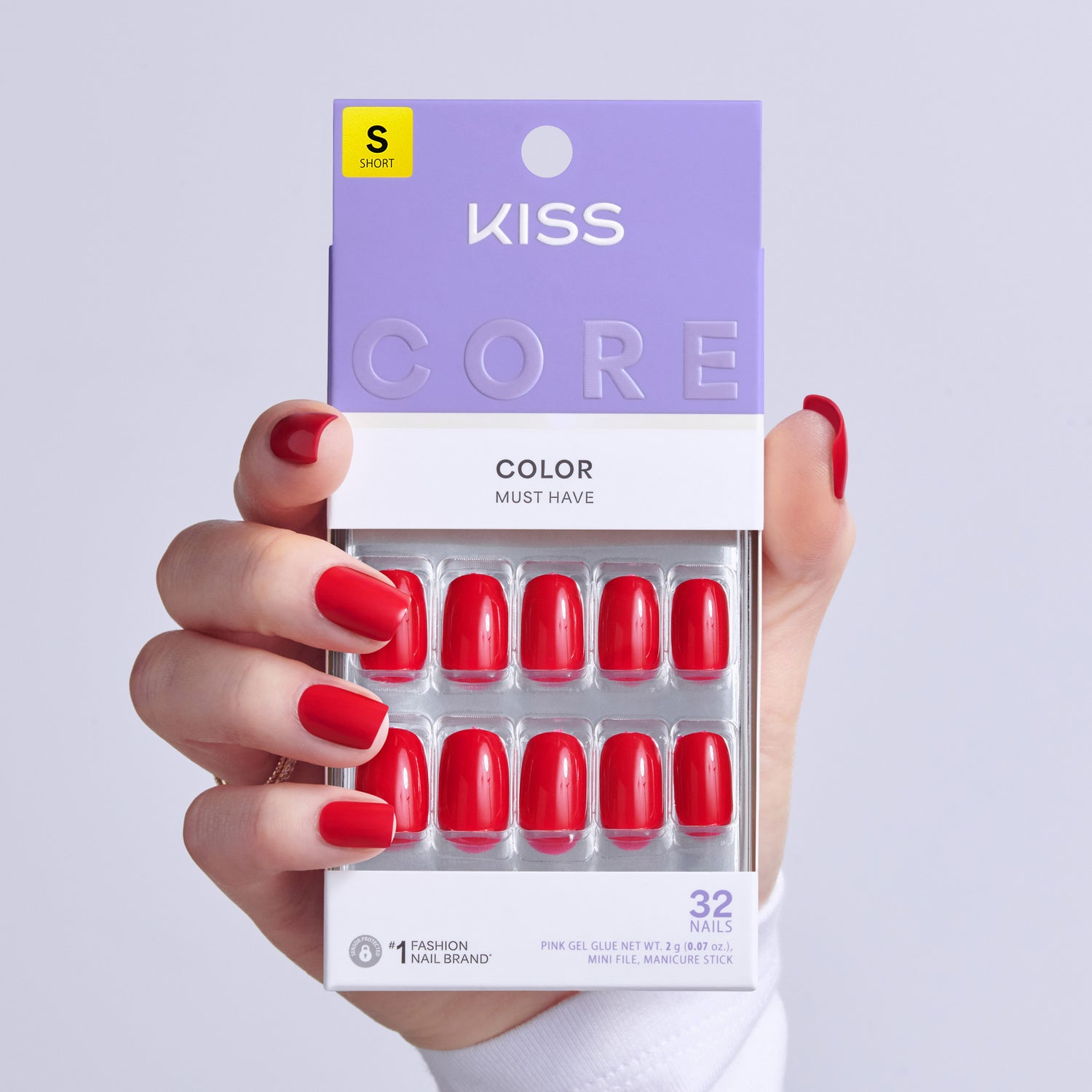 Kiss Core Color Press On Fake Glue Nails - Center of Attention | Solid, Red, Short, Squoval