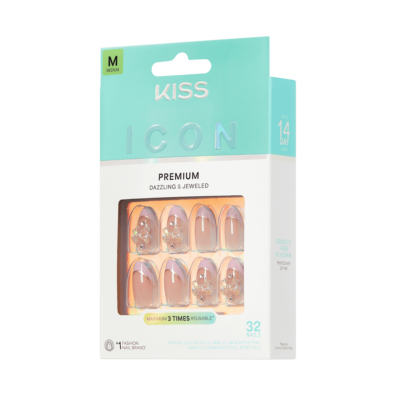 KISS ICON Premium press-on nails, medium size, dazzling jeweled design, 32 nails.