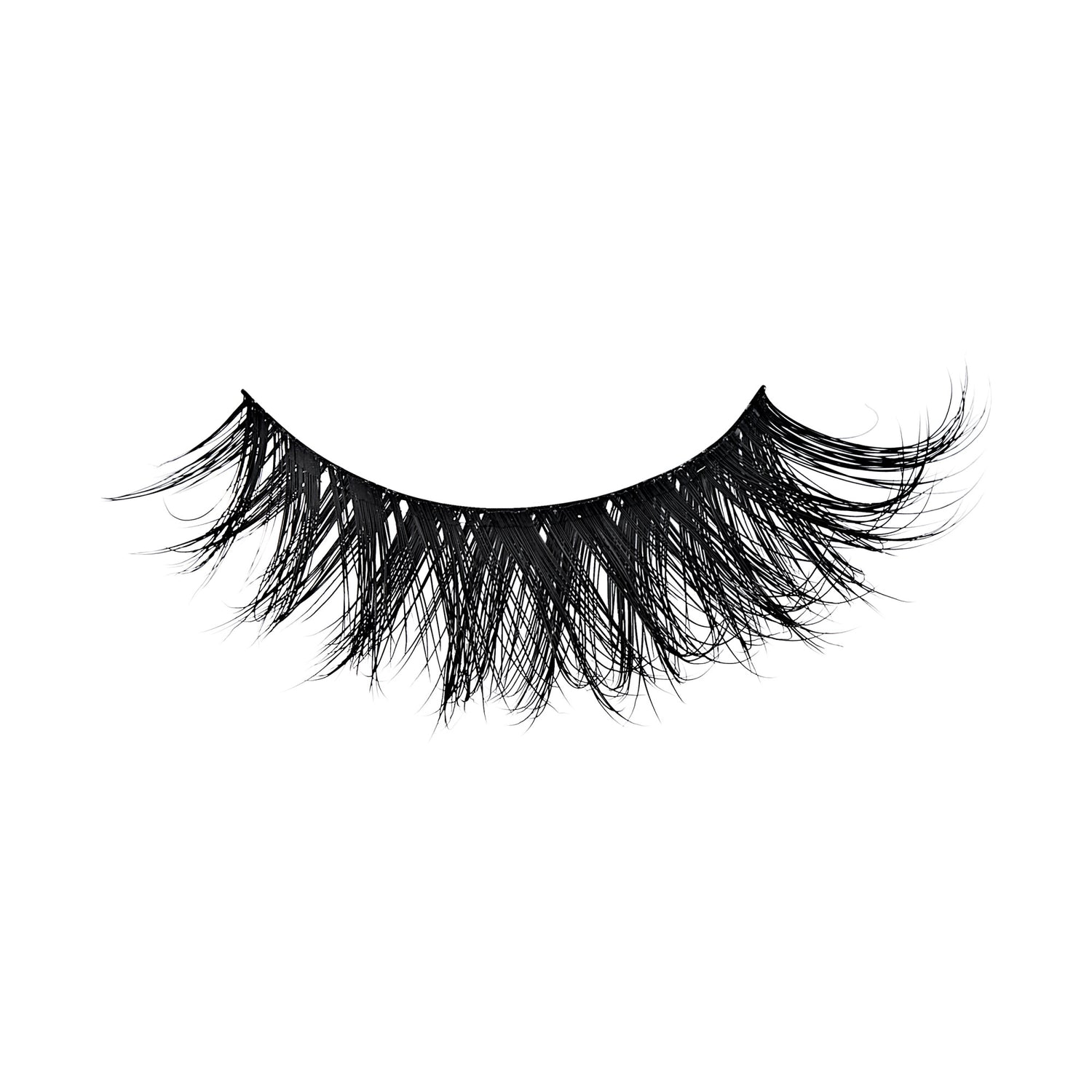 Pair of dramatic black false eyelashes with voluminous, layered fibers on white background.