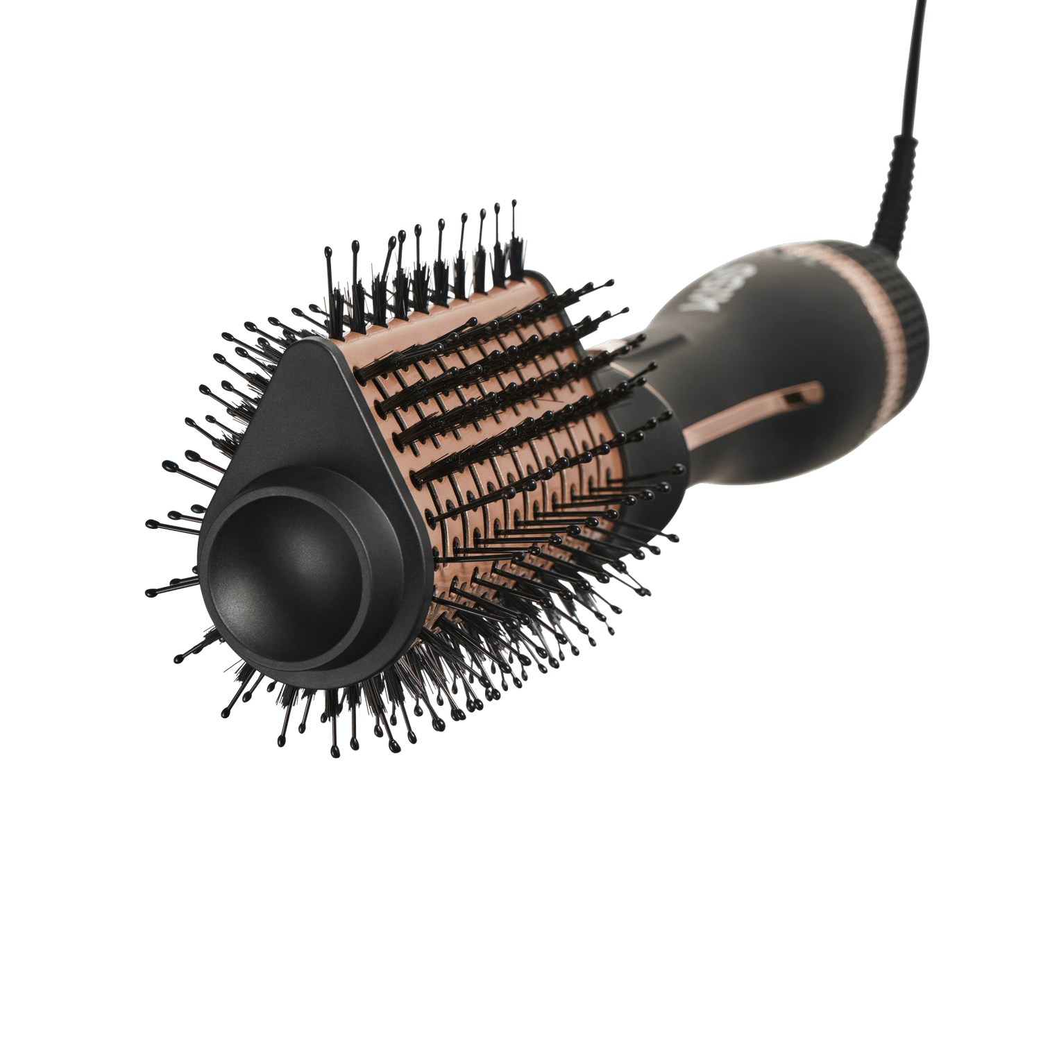 The image shows an electric hair styling tool, specifically a hot air brush. The device has a cylindrical barrel with bristles protruding from it, designed to help with styling and drying hair simultaneously. The barrel appears to have a combination of short and long bristles, likely for detangling and smoothing hair. The handle is ergonomically designed for easy grip and has a power cord attached to it. The color scheme of the tool is primarily black with rose gold accents.