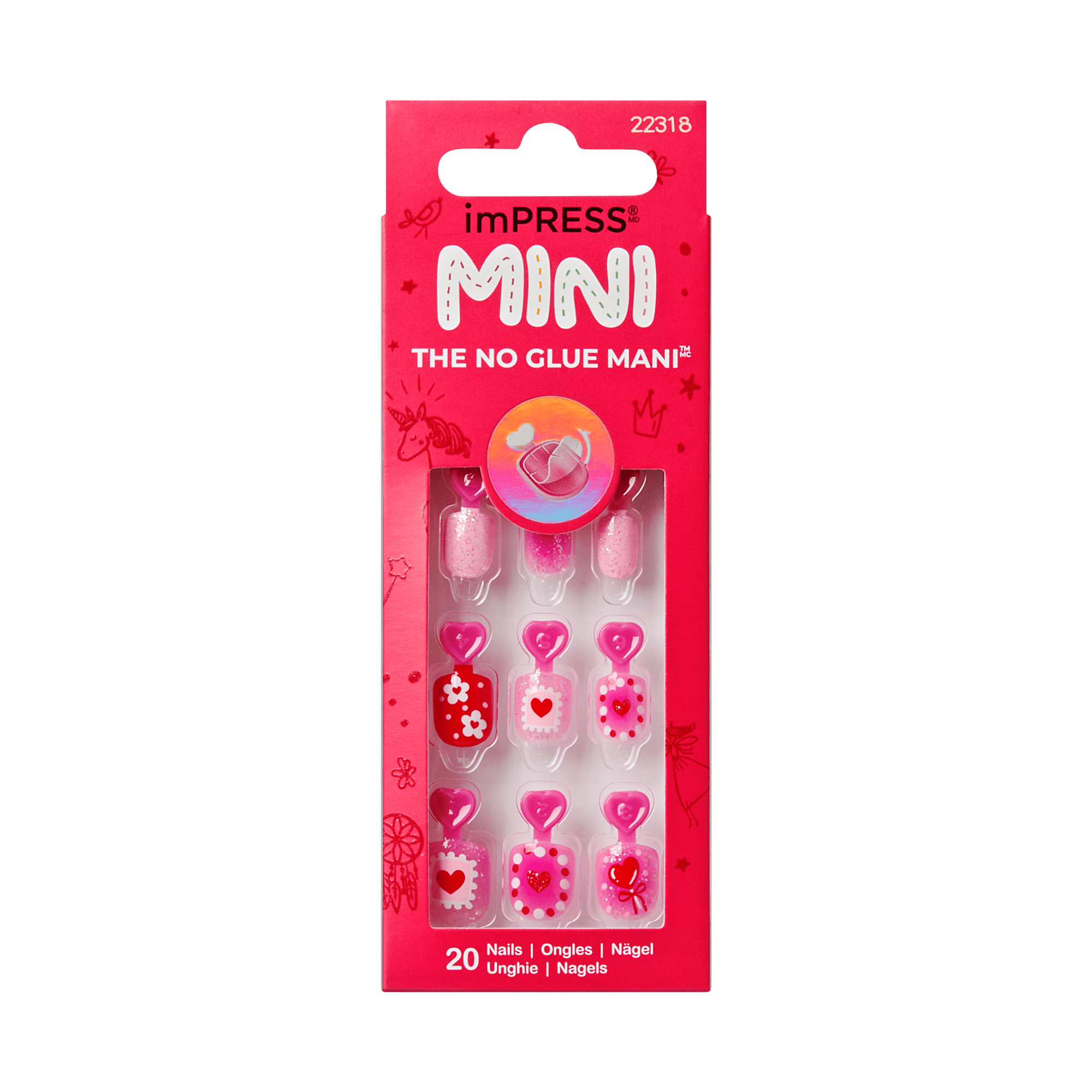 imPRESS MINI The No Glue Mani press-on nails set with 20 heart-themed nail designs