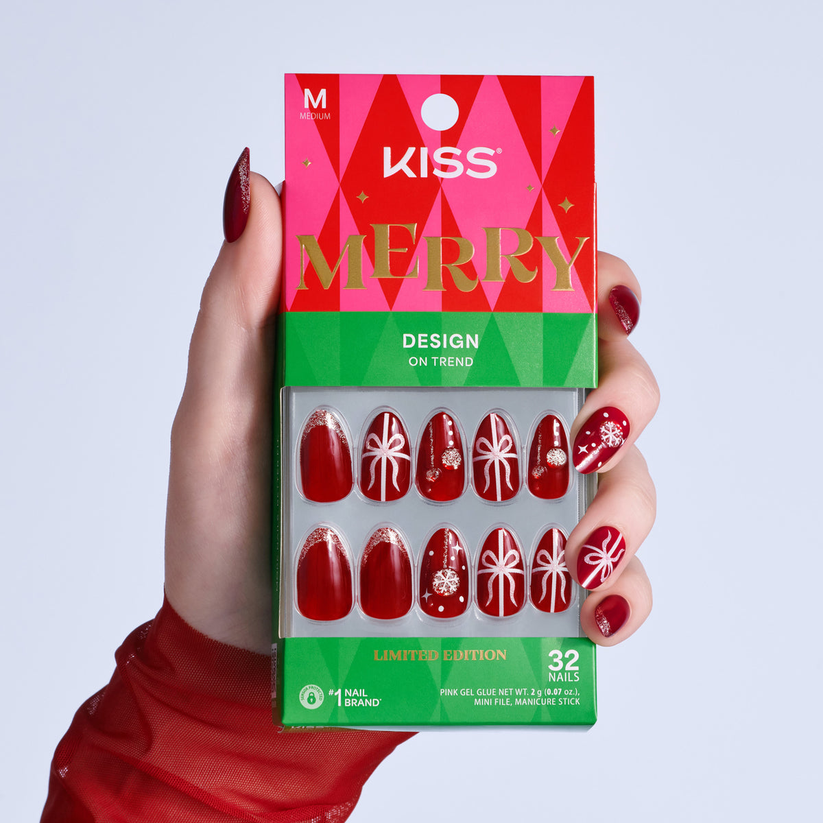 Kiss Merry Holiday Press On Fake Glue Nails - Deck The Nails | Design, Red &amp; White, Medium, Almond
