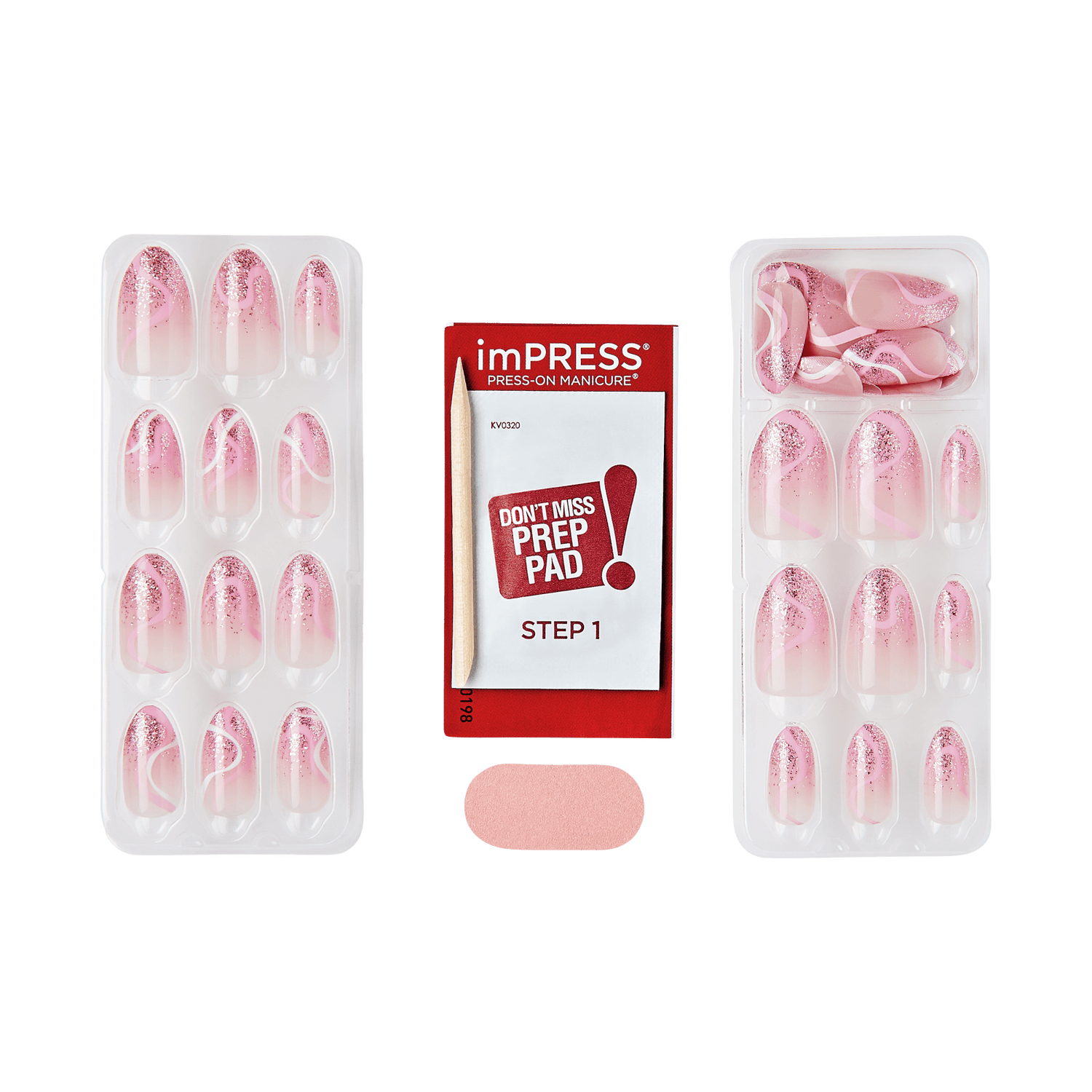 imPRESS Press-On Manicure pink glitter nails with prep pad and applicator kit.